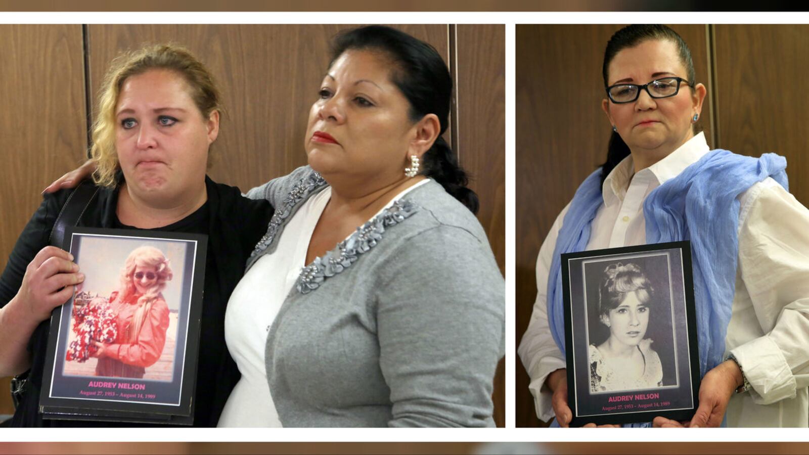 Family members of murder victims Audrey Nelson, pictured in the framed photos, and Guadalupe Apodaca attend a 2014 news conference in Los Angeles. Nelson and Apodaca were victims of serial killer Samuel Little, the most prolific in U.S. history.