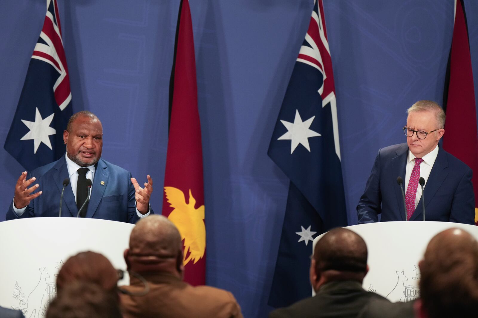 Papua New Guinea Prime Minister James Marape, left, gestures during a press conference with Australian Prime Minister Anthony Albanese in Sydney, Australia, Thursday, Dec. 12, 2024. (AP Photo/Mark Baker)