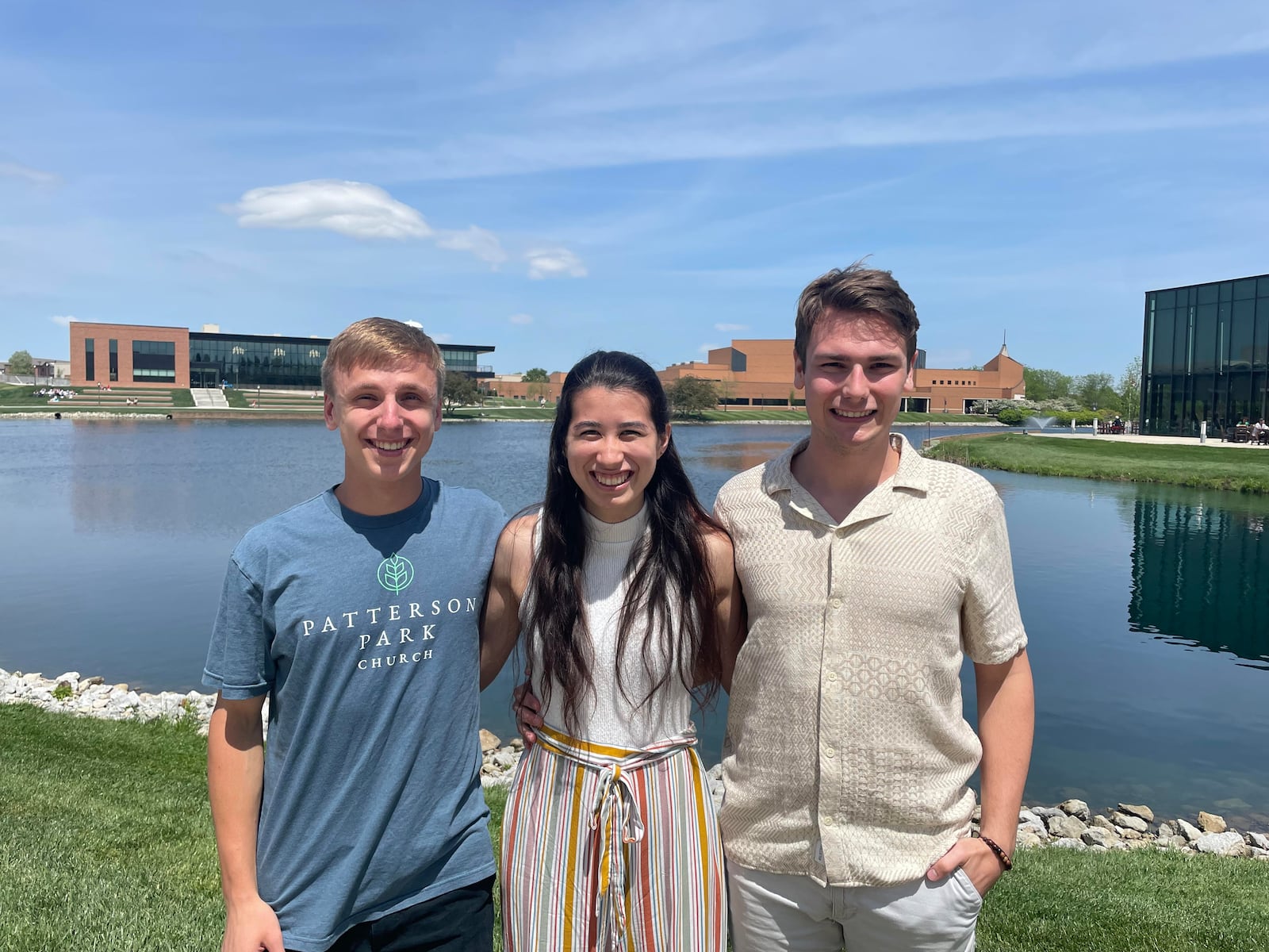 Three Cedarvill University students recently worked on researching Air Force helmets as a senior capstone project: Josiah Zurick (right), Kimiye Wenger (middle), and Thaddeus Krueger (left). Contributed by Cedarville.