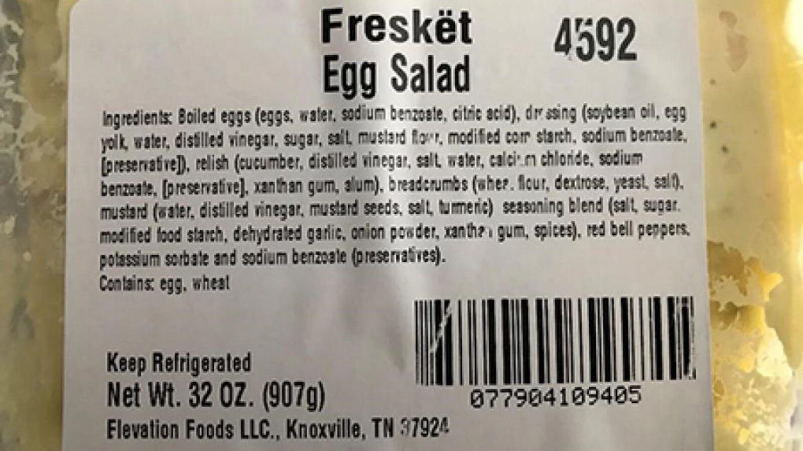 Freskët-brand Egg Salad packaged in a 32-ounce clear, square, plastic container, Lot Number W1906042, Use By 12AUG2019A (printed on the side of each container) (www.fda.gov)