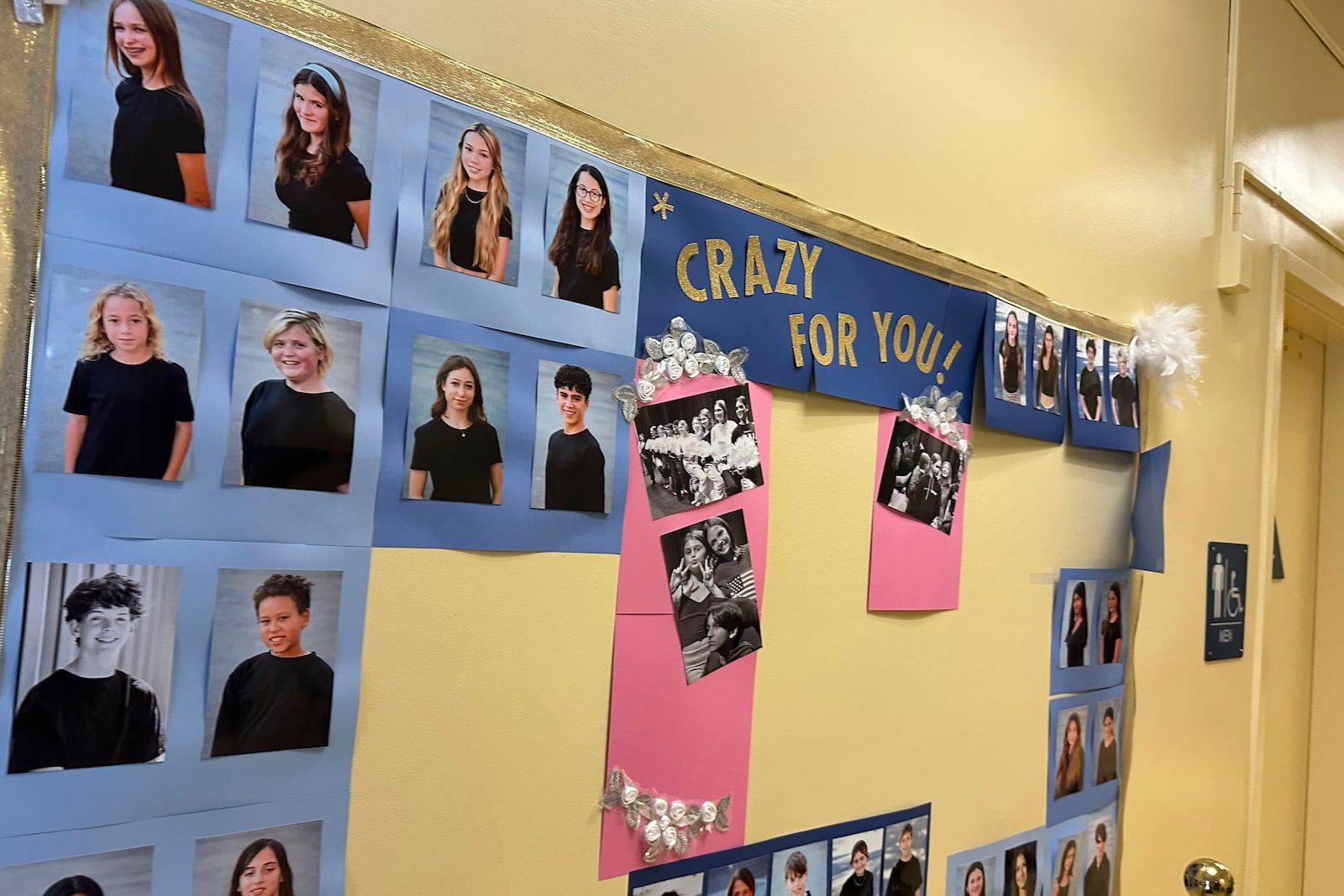 Headshots of the cast of Crazy for You in the auditorium of Paul Revere Charter Middle School, the temporary new home of Theatre Palisades Youth which lost their theater in the Palisades fire, Los Angeles, Feb. 28, 2025. (AP Photo/Jocelyn Gecker)