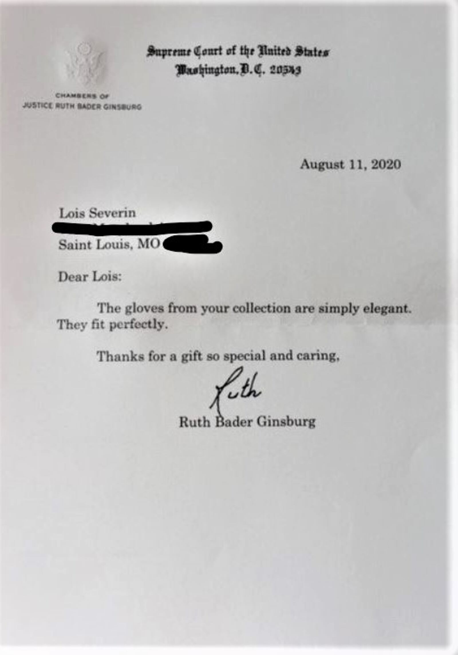 Ginsburg  and Dayton native Lois Severin exchanged many letters after meeting in 2000, Severin's brother, Burt Saidel, say.  The letters from Ginsburg were handwritten until shortly before her death Sept. 18, 2020. This note is dated Aug. 11, 2020.