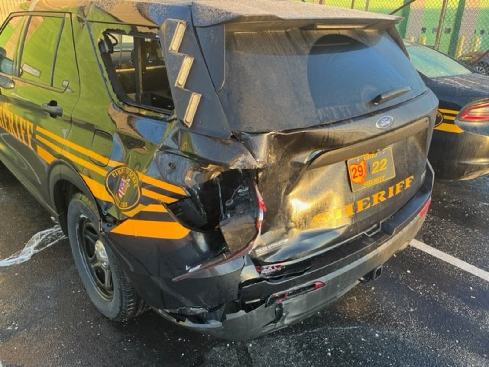 A Greene County Sheriff's Office cruiser was hit while a deputy was investigating a crash Monday night on state Route 72 near Clifton.  Photo courtesy the Greene County Sheriff's Office.