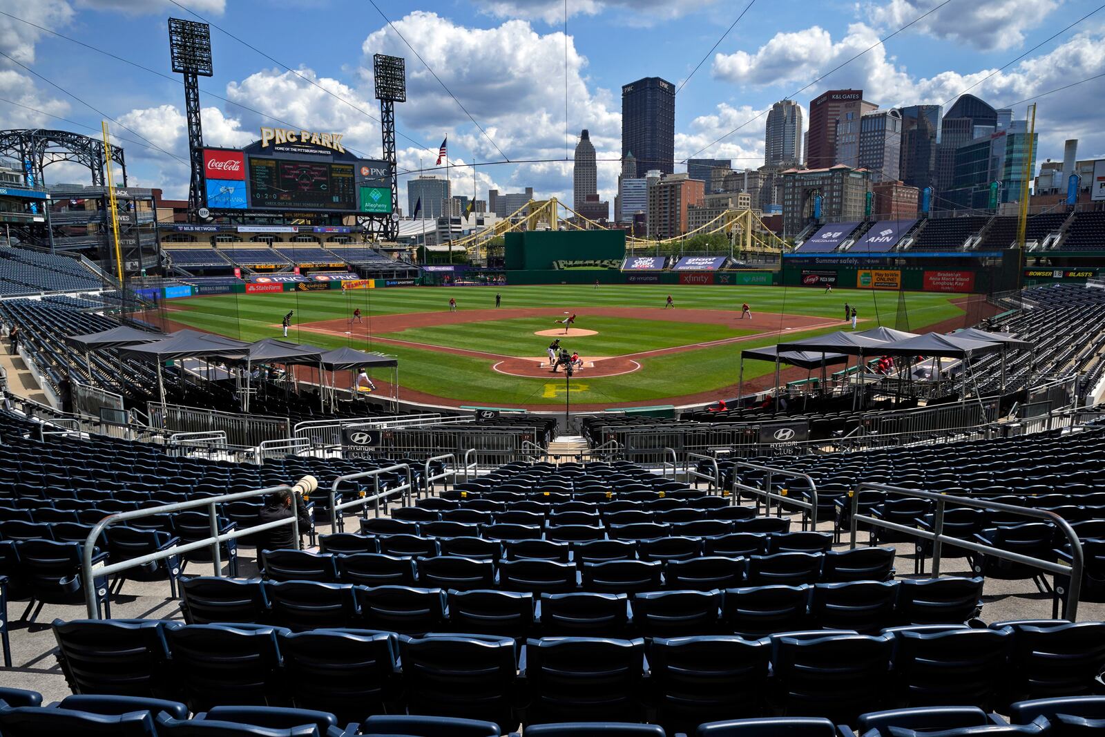 PNC Park hosts a National League baseball game between the Pittsburgh Pirates and the Cincinnati Reds in Pittsburgh, Sunday, Sept. 6, 2020. (AP Photo/Gene J. Puskar)