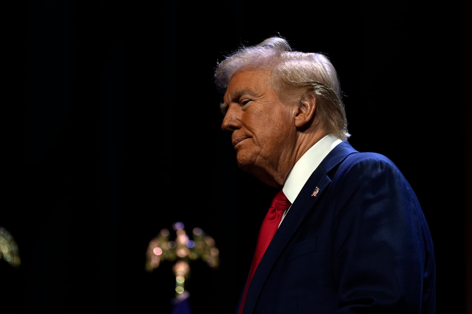 Republican presidential nominee former President Donald Trump arrives to speak at a meeting of the Detroit Economic Club, Thursday, Oct. 10, 2024, in Detroit. (AP Photo/Julia Demaree Nikhinson)