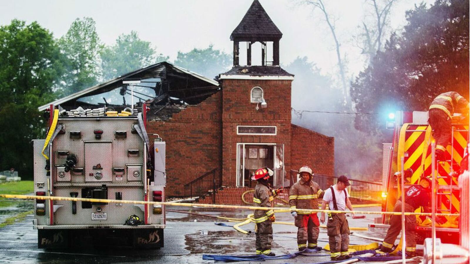 Firefighters work the scene of an arson fire April 4, 2019, at Mount Pleasant Baptist Church, in Opelousas, La. Holden James Matthews, 22, of Opelousas, pleaded guilty Monday, Feb. 10, 2020, to setting fire to three black churches in St. Landry Parish, including Mount Pleasant, over a 10-day period from March 26 to April 4, 2019. (Leslie Westbrook/The Advocate via AP)