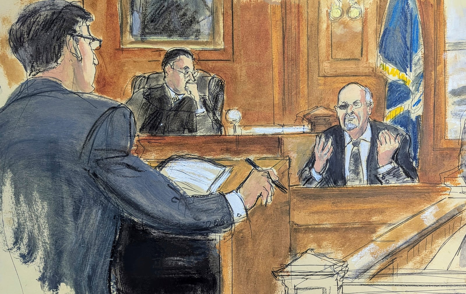 In this courtroom sketch, District Attorney Jason Schmidt, left, questions Salman Rushdie, right, on the witness stand, as Judge David Foley presides during the trial of Hadi Matar, in Chautauqua County court, Tuesday, Feb. 11, 2025, in Mayville, N.Y. (Elizabeth Williams via AP)