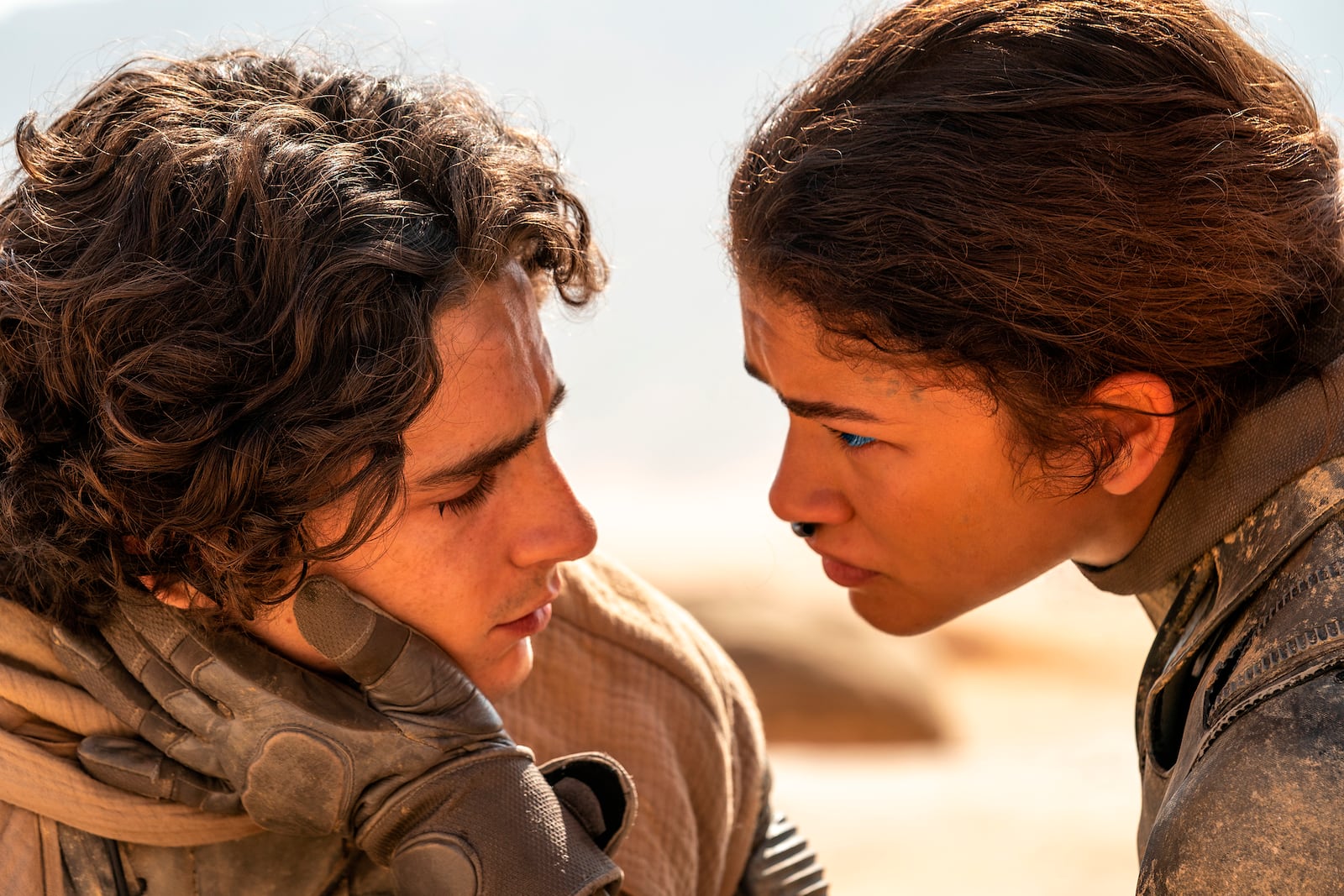 This image released by Warner Bros. Pictures shows Timothee Chalamet, left, and Zendaya in a scene from "Dune: Part Two." (Niko Tavernise/Warner Bros. Pictures via AP)