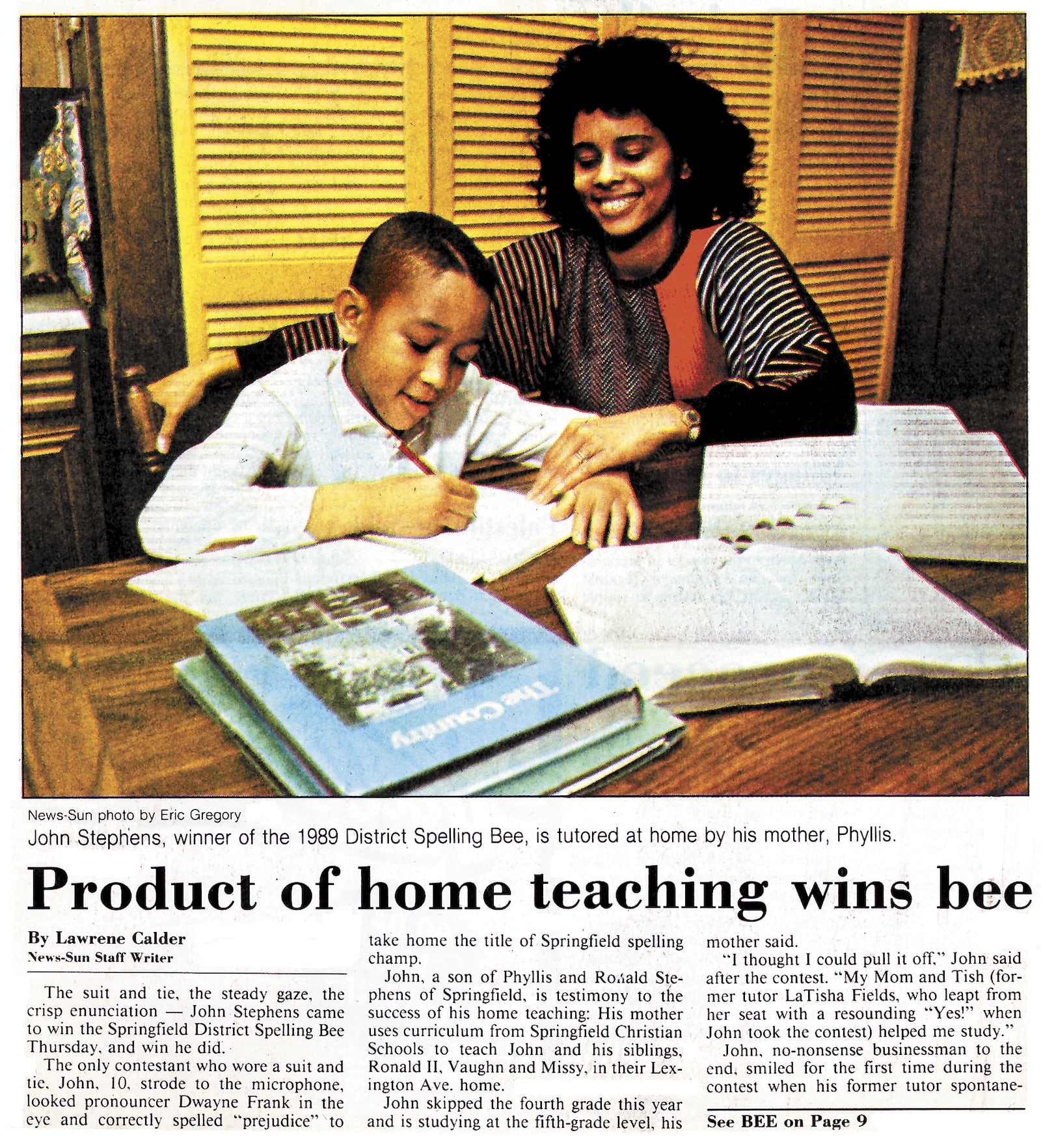 John Stephens, winner of the 1989 District Spelling Bee, is tutored at home by his mother Phyllis.