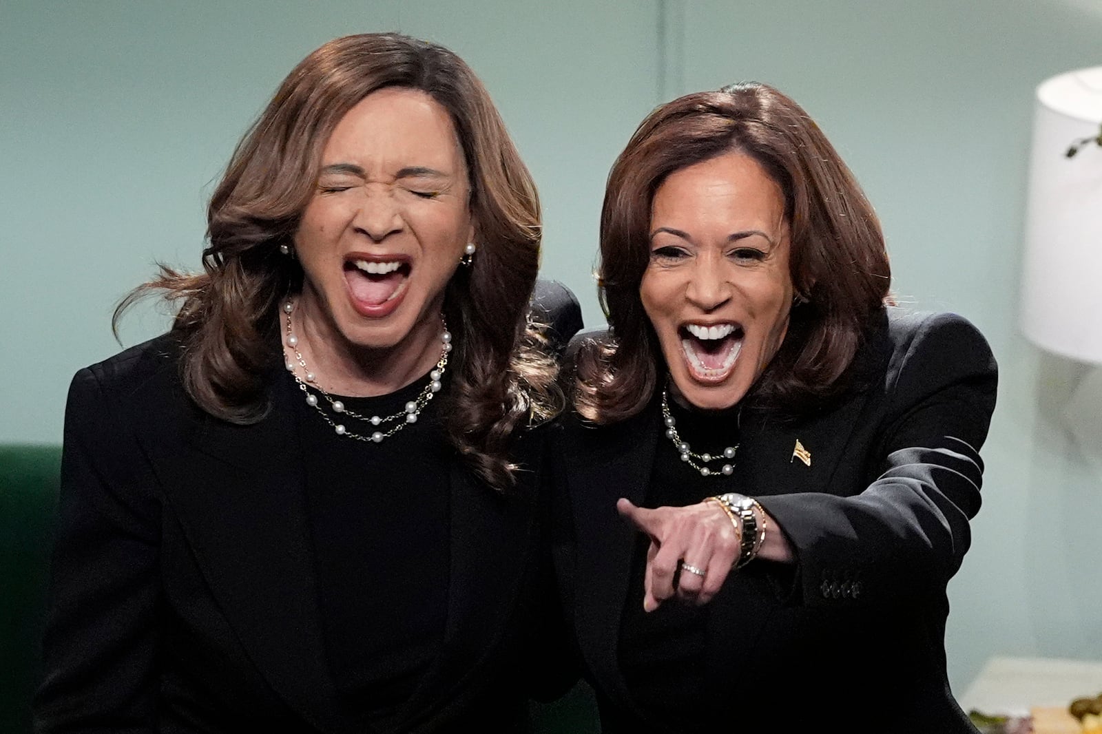 Democratic presidential nominee Vice President Kamala Harris appears on NBC's "Saturday Night Live," with Maya Rudolph, Saturday, Nov. 2, 2024 in New York. (AP Photo/Jacquelyn Martin)