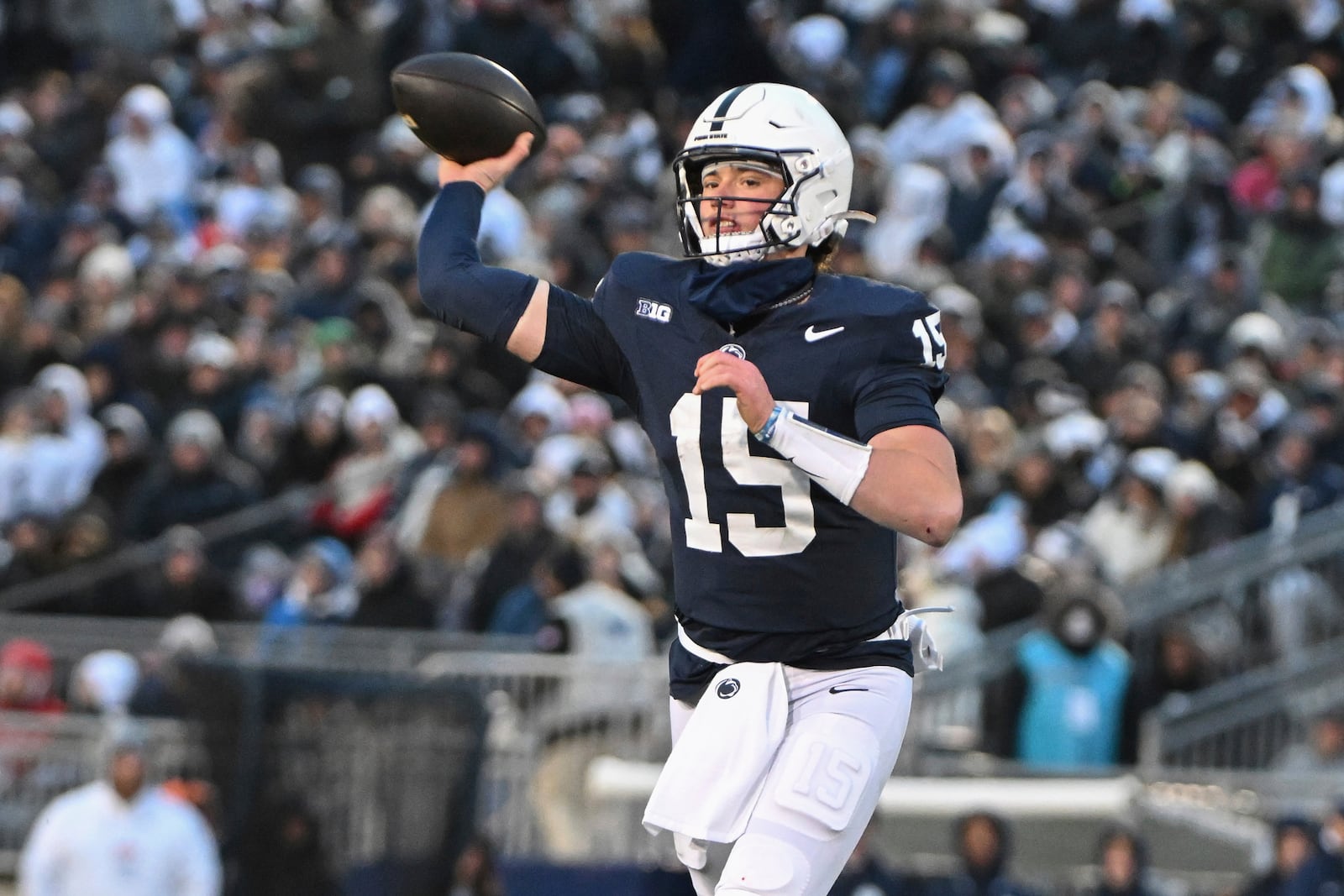 Penn State quarterback Drew Allar (15) throws a pass against Maryland during the second quarter of an NCAA college football game, Saturday, Nov. 30, 2024, in State College, Pa. (AP Photo/Barry Reeger)