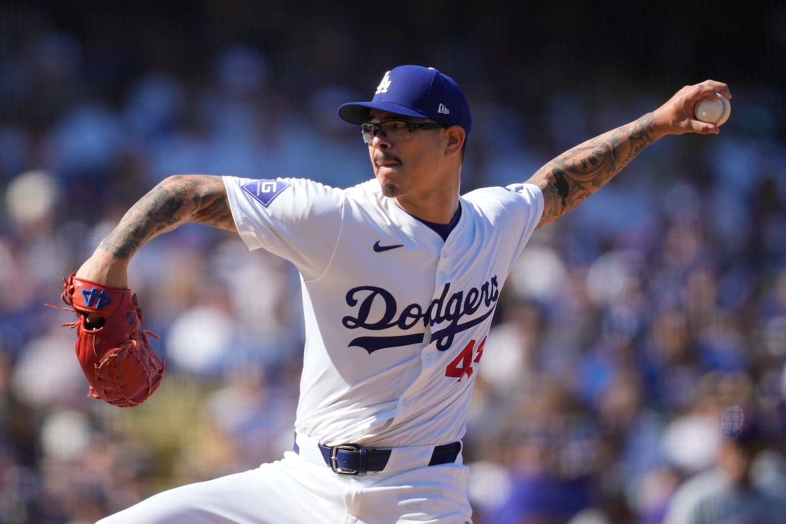 Los Angeles Dodgers relief pitcher Anthony Banda throws against the New York Mets during the fourth inning in Game 2 of a baseball NL Championship Series, Monday, Oct. 14, 2024, in Los Angeles. (AP Photo/Ashley Landis)