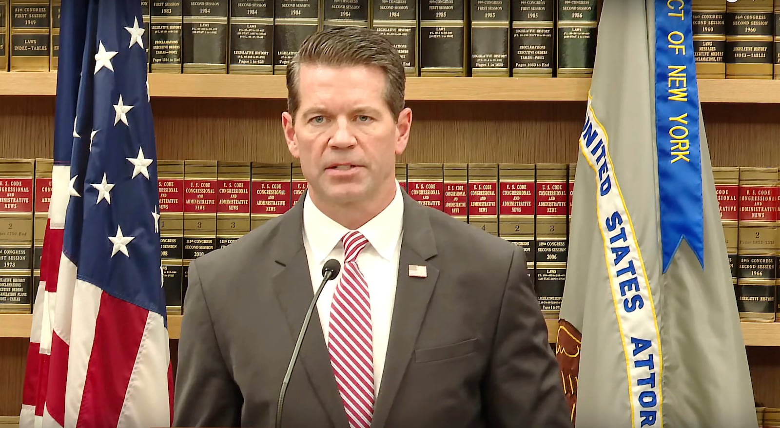 This still image from video from the U.S. Attorney's Office shows James Dennehy, the assistant director in charge of the FBI's New York Field Office, during a news conference, in New York, Wednesday, Dec. 11, 2024, as it's announced that luxury real estate brokers Oren and Tal Alexander and their sibling Alon Alexander have been charged with sex trafficking, according to a federal indictment unsealed in Manhattan. (U.S. Attorney's Office via AP)