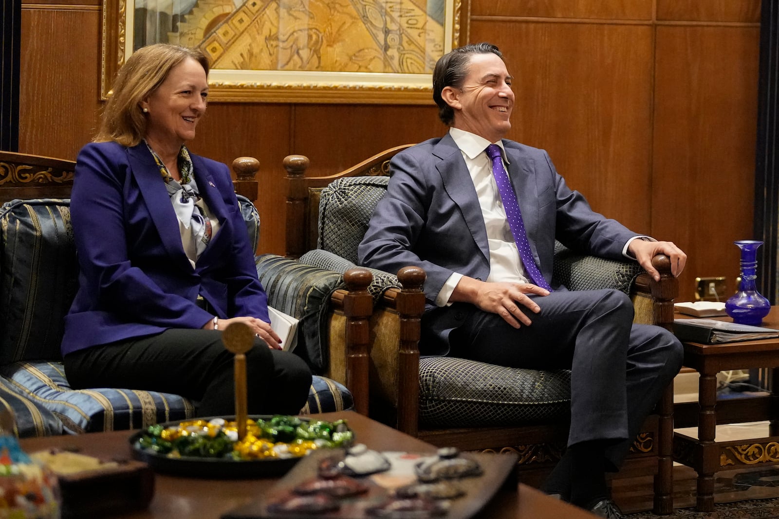 Amos Hochstein, right, a senior adviser to President Joe Biden, and US Ambassador to Lebanon Lisa A. Johnson, left, gesture during their meeting with Lebanese Parliament speaker Nabih Berri, in Beirut, Lebanon, Tuesday, Nov. 19, 2024. (AP Photo/Hassan Ammar)