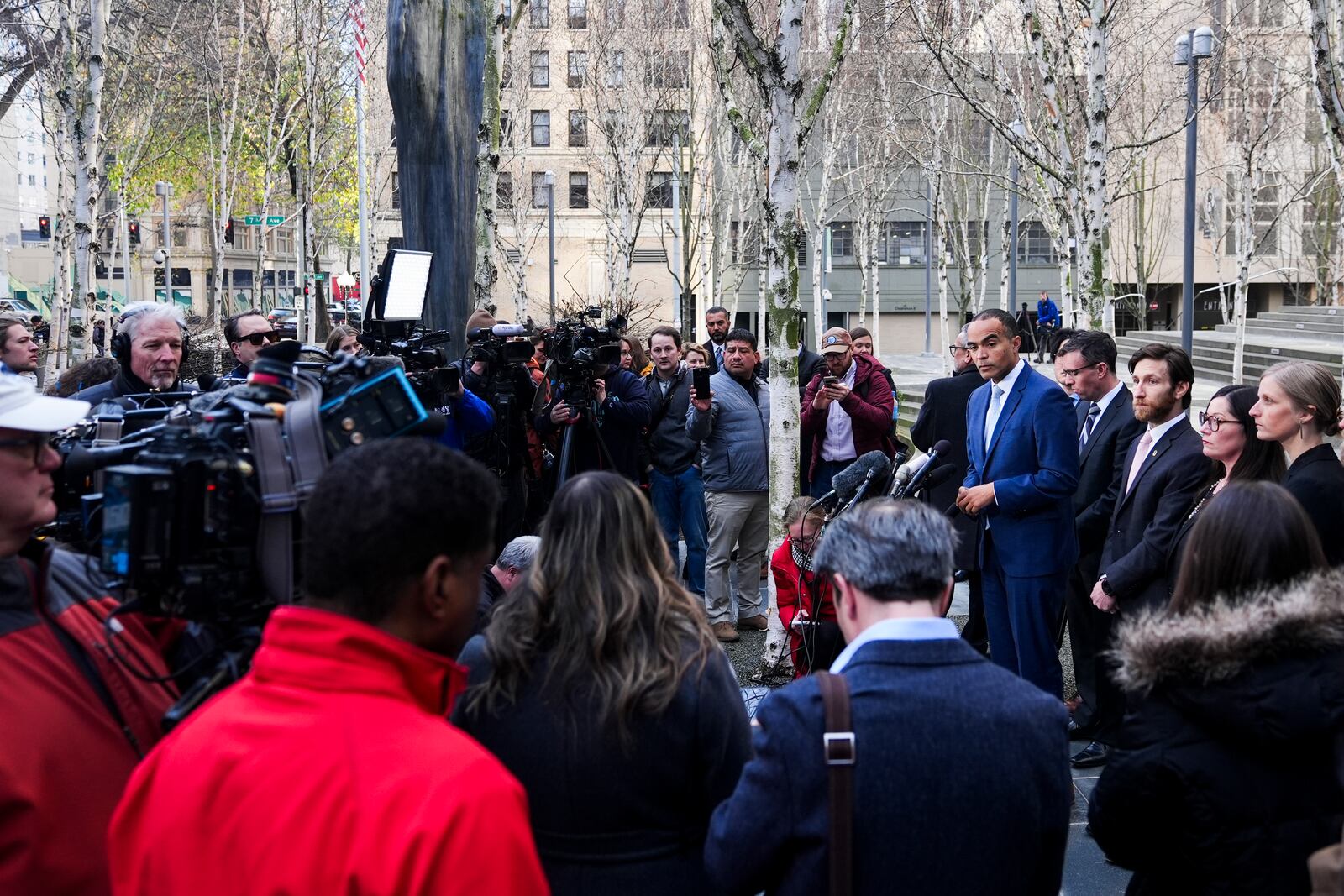 Washington Attorney General Nick Brown speaks during a press availability after a federal judge temporarily blocked President Donald Trump's executive order aimed at ending birthright citizenship in a case brought by the states of Washington, Arizona, Illinois and Oregon, Thursday, Jan. 23, 2025, in Seattle. (AP Photo/Lindsey Wasson)