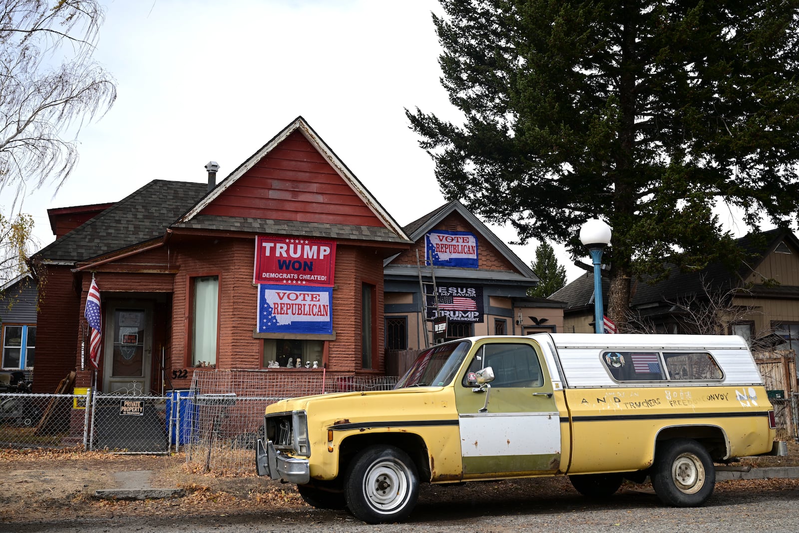 A home decorated to support Republican presidential nominee former President Donald Trump in Anaconda, Mont., on Election Day, Tuesday, Nov. 5, 2024. (AP Photo/Tommy Martino)