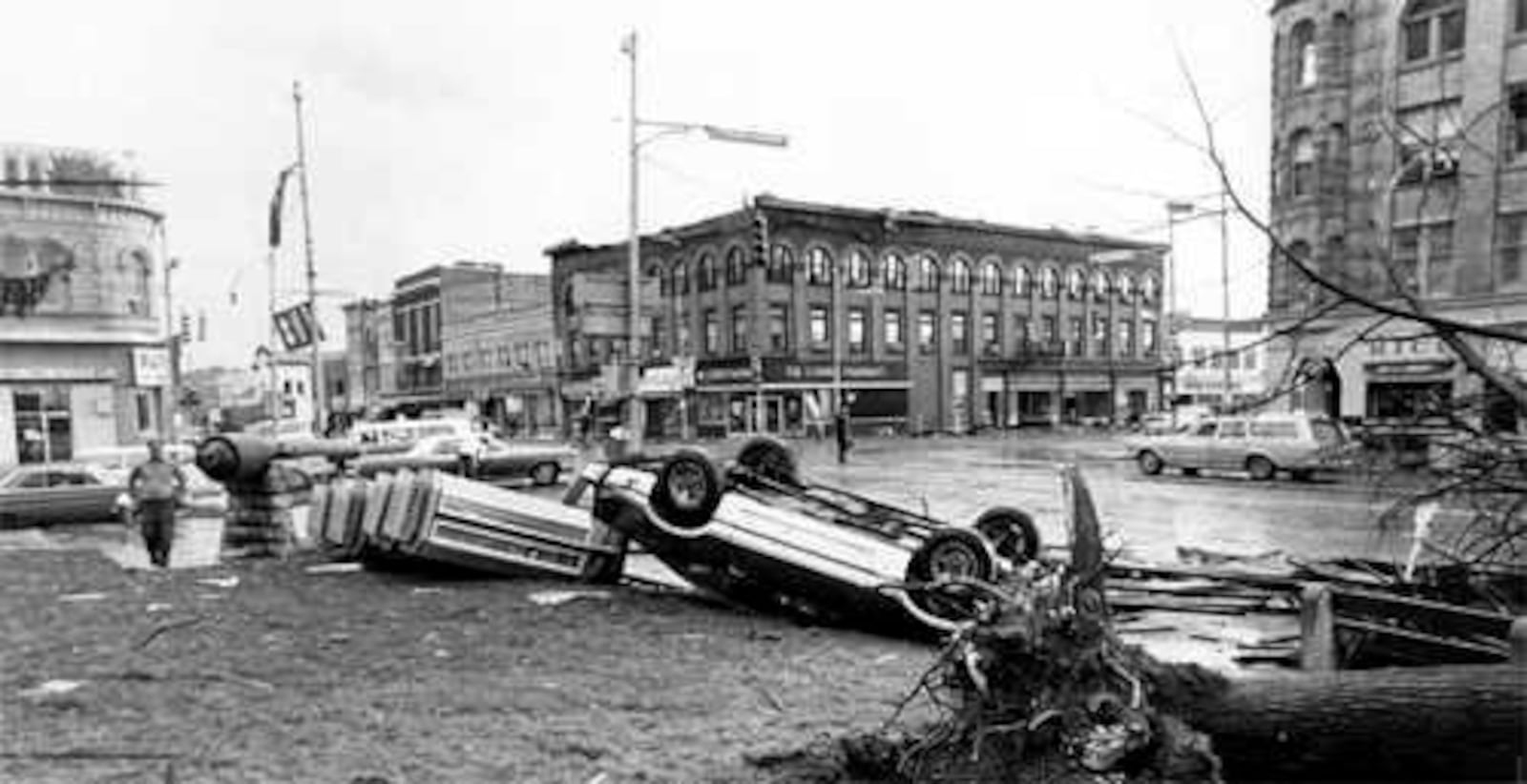 The lawn of the courthouse in Xenia, strewn with debris after the 1974 tornado.