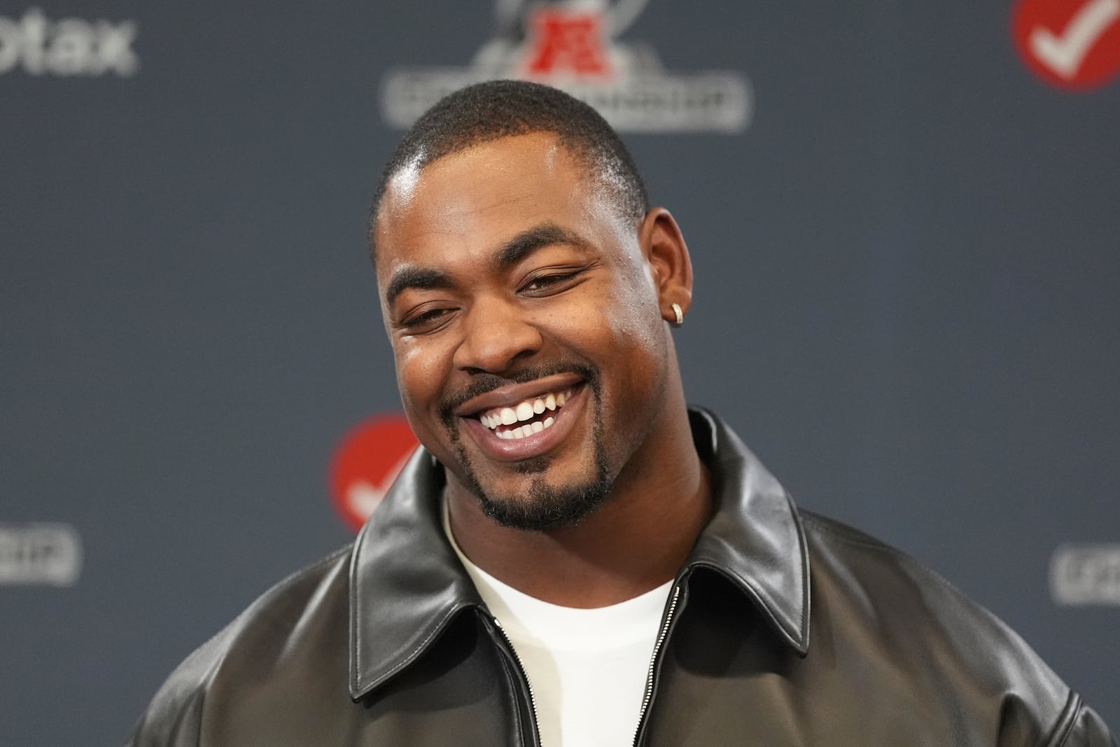 Kansas City Chiefs defensive tackle Chris Jones speaks during a news conference following AFC Championship NFL football game between the Kansas City Chiefs and the Buffalo Bills, Sunday, Jan. 26, 2025, in Kansas City, Mo. (AP Photo/Charlie Riedel)