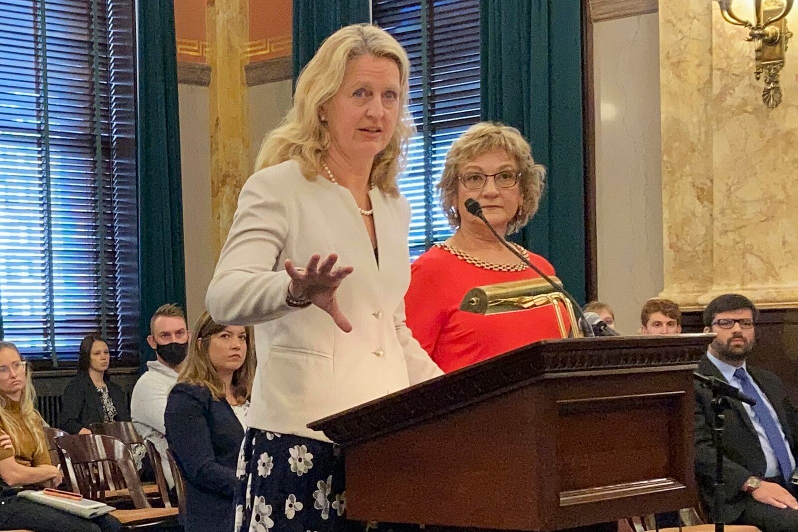 FILE -State Sen. Kristina Roegner, left, a Republican from Hudson in northeastern Ohio, answers a question about an anti-abortion bill she is co-sponsoring with state Sen. Sandra O'Brien, on Wednesday, Sept. 29, 2021, in Columbus, Ohio. (AP Photo/Andrew Welsh-Huggins), File)