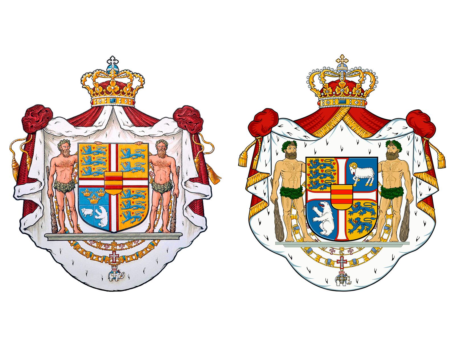 The new Danish Royal Coat of Arms, right, is seen next to the one established in 1972, seen at left. (Danish Royal House via AP)