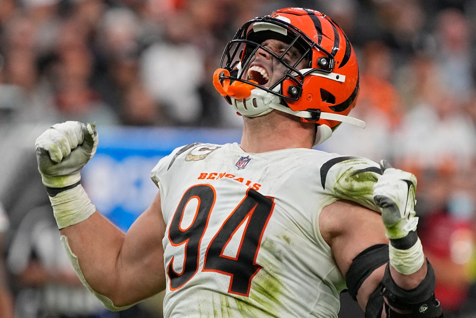 Cincinnati Bengals defensive end Sam Hubbard (94) reacts after making a tackle against the Las Vegas Raiders during the second half of an NFL football game, Sunday, Nov. 21, 2021, in Las Vegas. (AP Photo/Rick Scuteri)