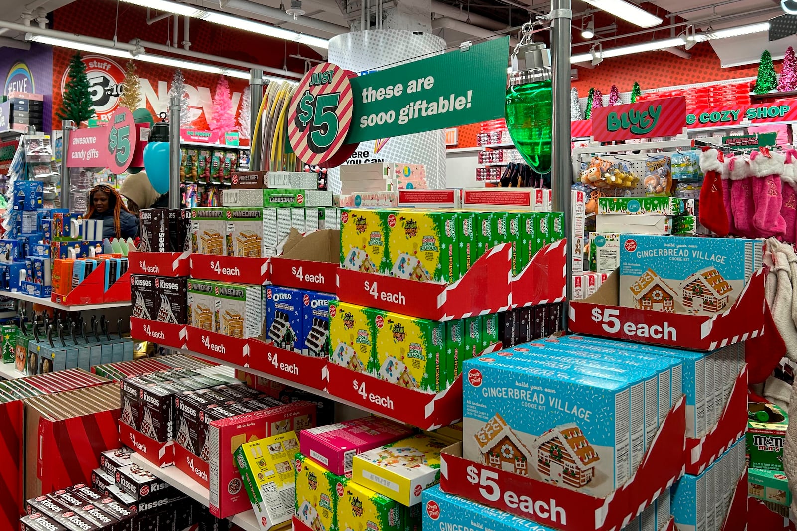 Items on sale for $5 are displayed at a Five Below store on Sunday, Nov. 24, 2024, in New York. (AP Photo/Anne D'Innocenzio)