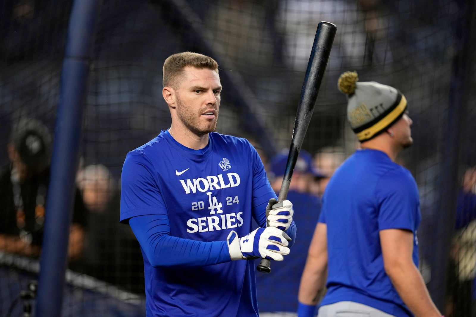 Los Angeles Dodgers' Freddie Freeman waits to hit during batting practice before Game 5 of the baseball World Series against the New York Yankees, Wednesday, Oct. 30, 2024, in New York. (AP Photo/Godofredo A. Vásquez)