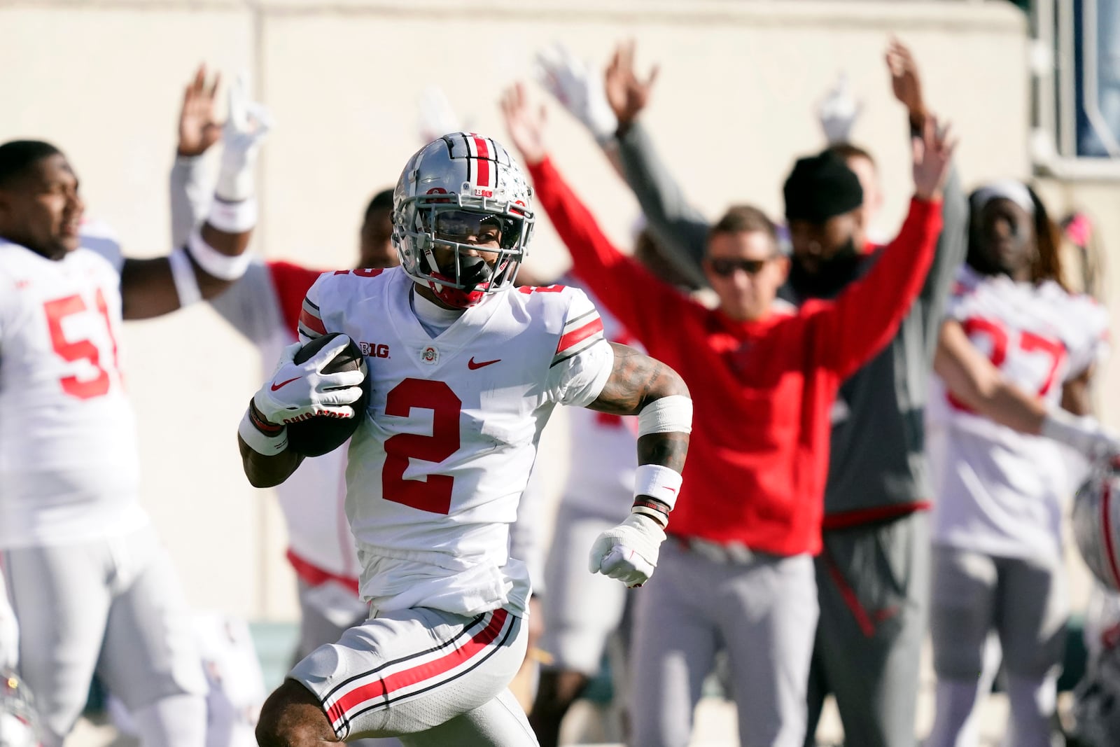 Ohio State wide receiver Emeka Egbuka runs for a 69-yard touchdown during the first half of an NCAA college football game against Michigan State, Saturday, Oct. 8, 2022, in East Lansing, Mich. (AP Photo/Carlos Osorio)