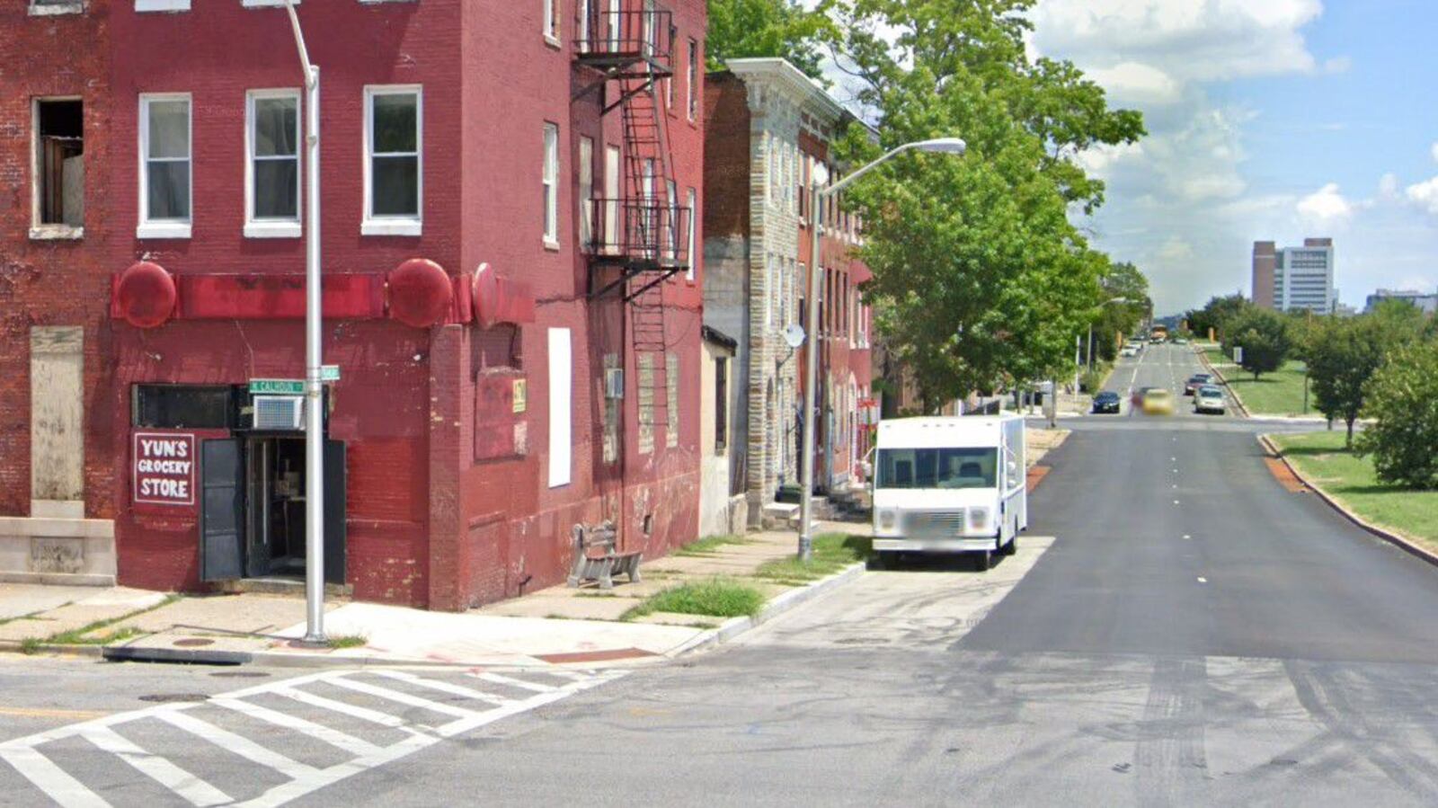 Pictured in a July 2019 Street View image is the sidewalk where Baltimore police detectives believe Khaled Heeba, 31, was gunned down as he delivered pizzas Feb. 7, 2020. Heeba, a Syrian refugee who came to the U.S. in 2017 with his parents, was shot in the chest in broad daylight. (Google)