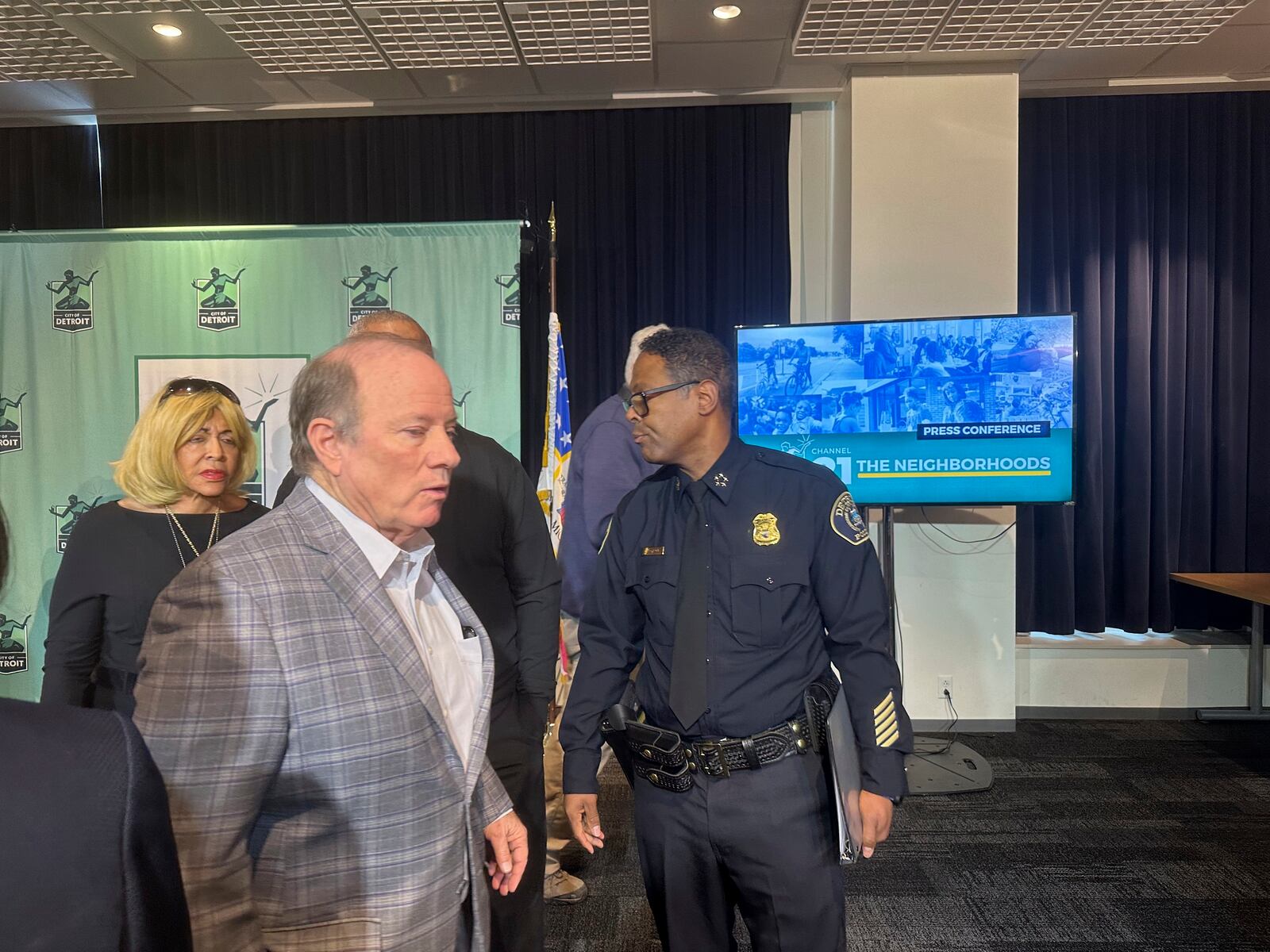 Detroit Mayor Mike Duggan and interim police Chief Todd Bettison leave a news conference on Feb. 11, 2025, in Detroit, after speaking about the deaths of two children in a cold vehicle. (AP Photo/Ed White)