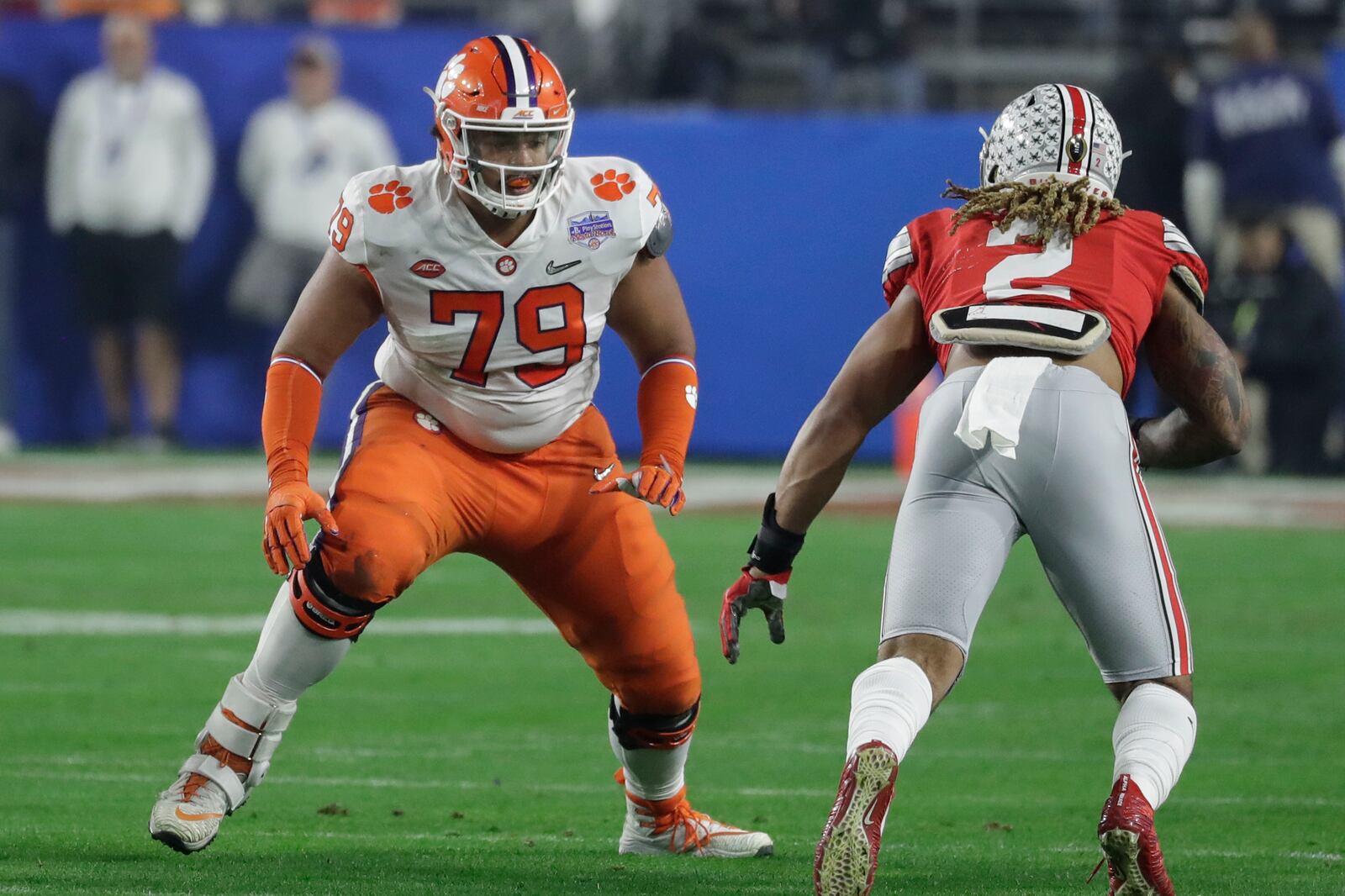 FILE - In this Dec. 28, 2019, file photo, Clemson offensive tackle Jackson Carman (79) looks to block during the first half of the Fiesta Bowl NCAA college football game against Ohio State in Glendale, Ariz. The Cincinnati Bengals got some help for their offensive line Friday night, taking Carman with their second-round pick in the NFL draft. (AP Photo/Rick Scuteri, File)