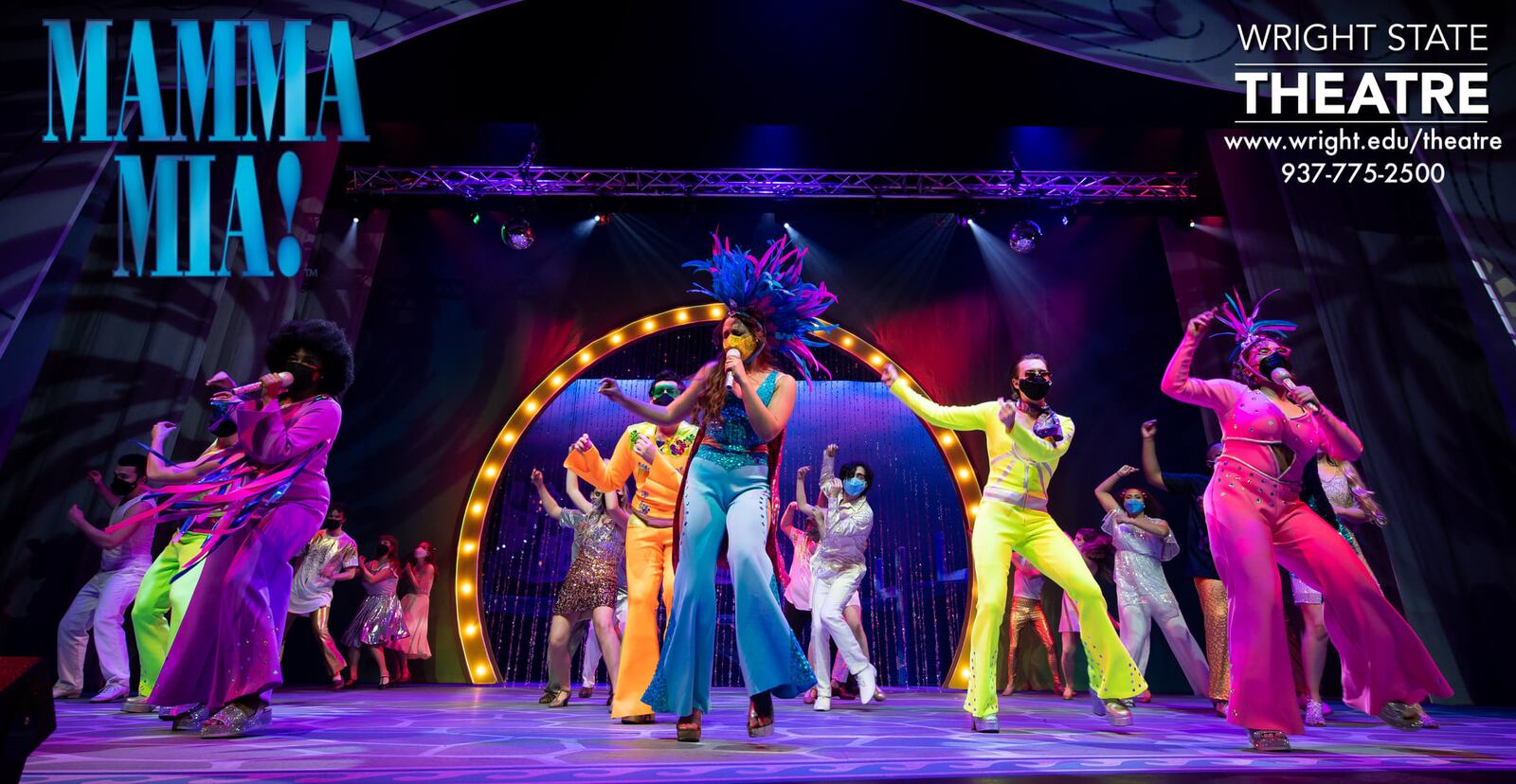 (left to right) D'Kaylah Whitley (Tanya Chresham-Leigh), Sophie Hardy (Donna Sheridan) and Ana Smith (Rosie Mulligan) with the cast of Wright State University's production of "Mamma Mia!"