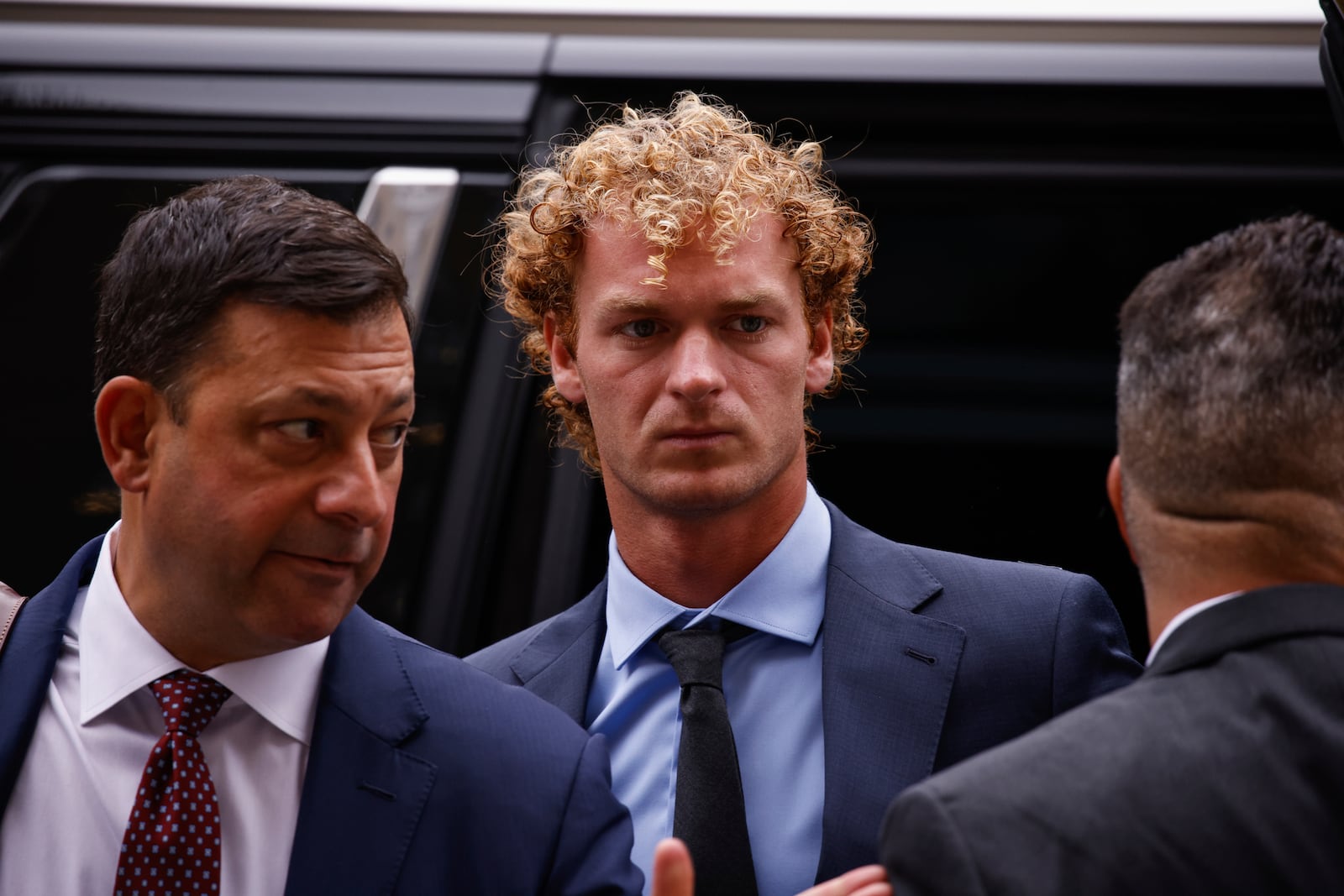 Daniel Penny, accused of choking a distressed Black subway rider to death, arrives for opening statements in New York, Friday, Nov. 1, 2024.(AP Photo/Kena Betancur)