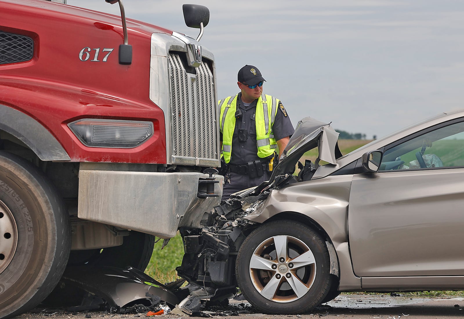 The driver of a car traveling north on South Charleston Pike was transported by CareFlight after he crashed into a dump truck traveling south Friday, June 14, 2024. The crash occured in a construction area, where the road was closed down to one lane and flaggers were in place to control traffic. According to members of the construction crew, the truck was given the right-of-way and the car failed to stop. The driver of the dump truck was not injured. BILL LACKEY/STAFF