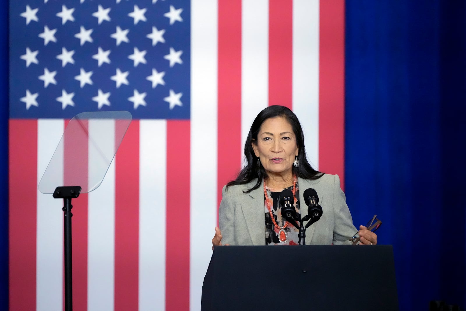 FILE - Secretary of the Interior Deb Haaland speaks at an event, also attended by President Joe Biden, at the Department of Labor in Washington, Monday, Dec. 16, 2024. (AP Photo/Mark Schiefelbein, File)