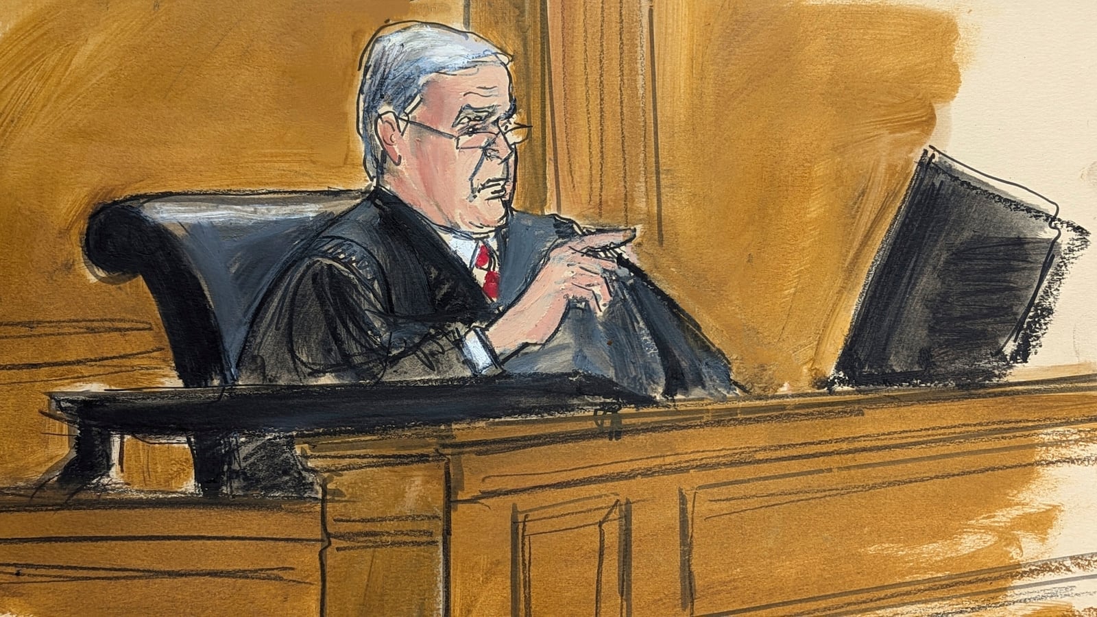 In this courtroom sketch, Judge Lewis Kaplan sentences Caroline Ellison, Tuesday, Sept. 24, 2024, at Manhattan federal court in New York. (Elizabeth Williams via AP)