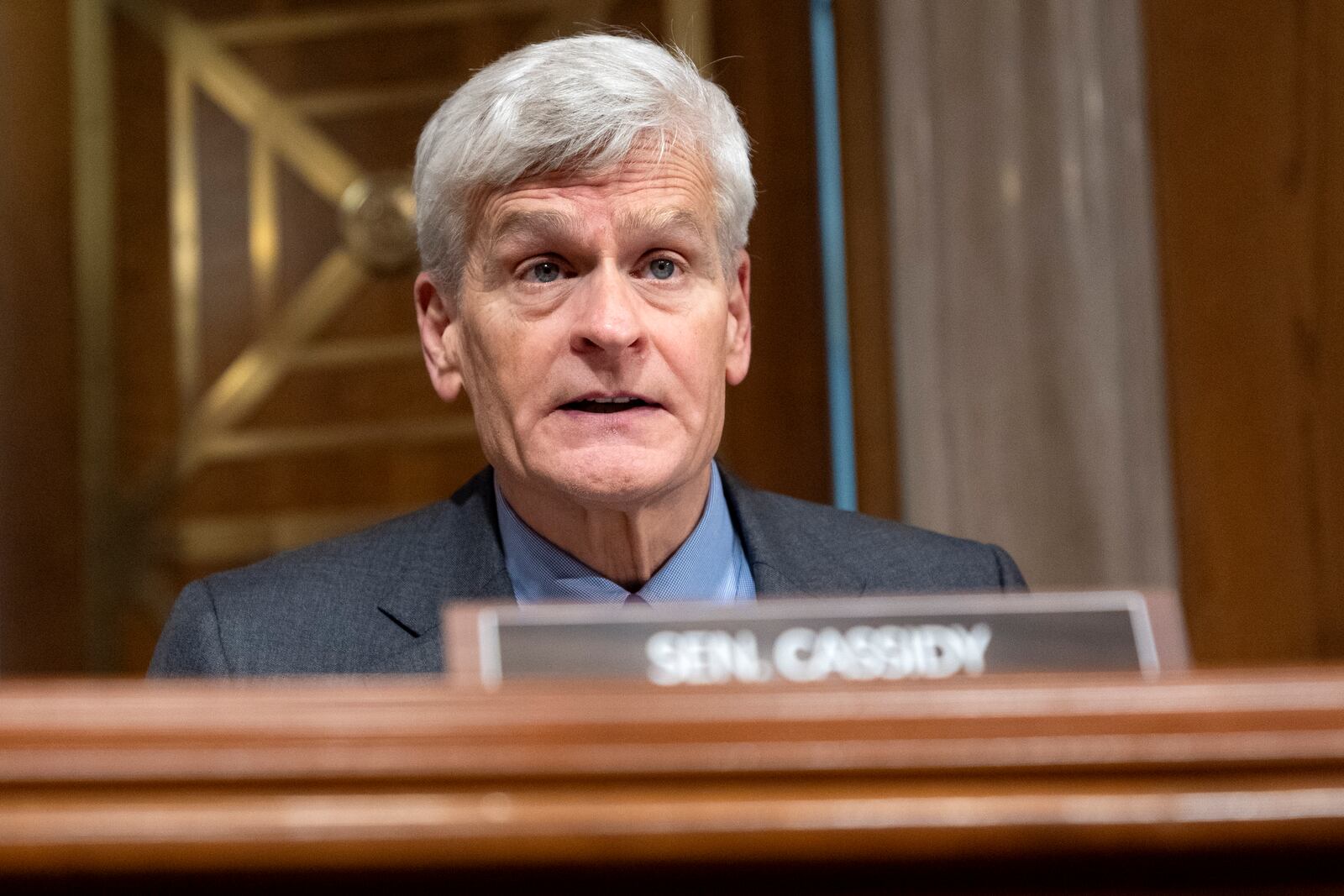 Health, Education, and Labor Committee Chair Sen. Bill Cassidy, R-La., questions Linda McMahon, President Donald Trump's nominee for Secretary of Education, during a committee hearing on her nomination, Thursday, Feb. 13, 2025, in Washington. (AP Photo/Jacquelyn Martin)