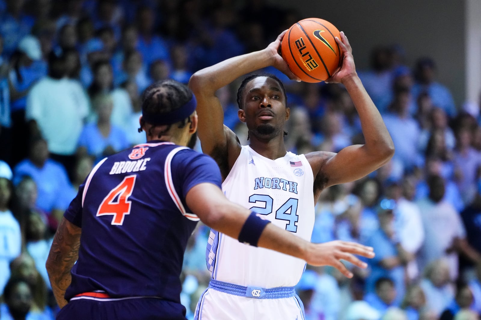 North Carolina forward Jae'Lyn Withers (24) looks around Auburn forward Johni Broome (4) during the first half of an NCAA college basketball game at the Maui Invitational Tuesday, Nov. 26, 2024, in Lahaina, Hawaii. (AP Photo/Lindsey Wasson)