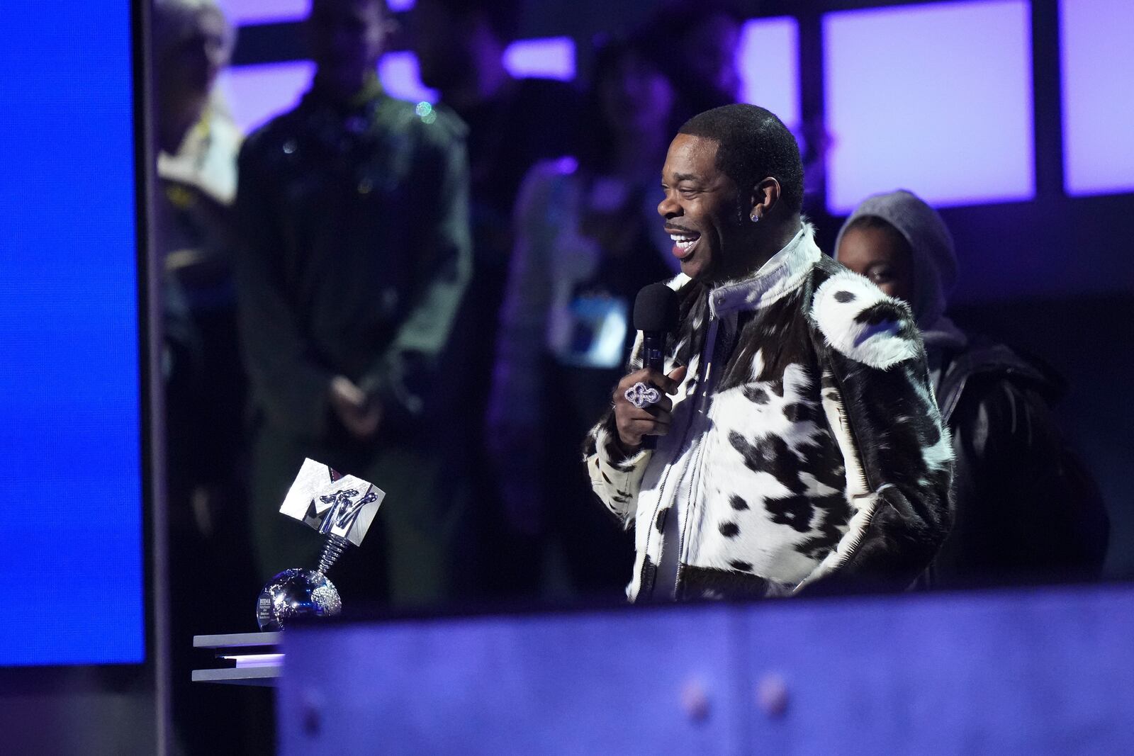 Busta Rhymes accepts the 2024 MTV EMAs global icon award during the MTV European Music Awards in Manchester, England, Sunday, Nov. 10, 2024. (Scott A Garfitt/Invision/AP)