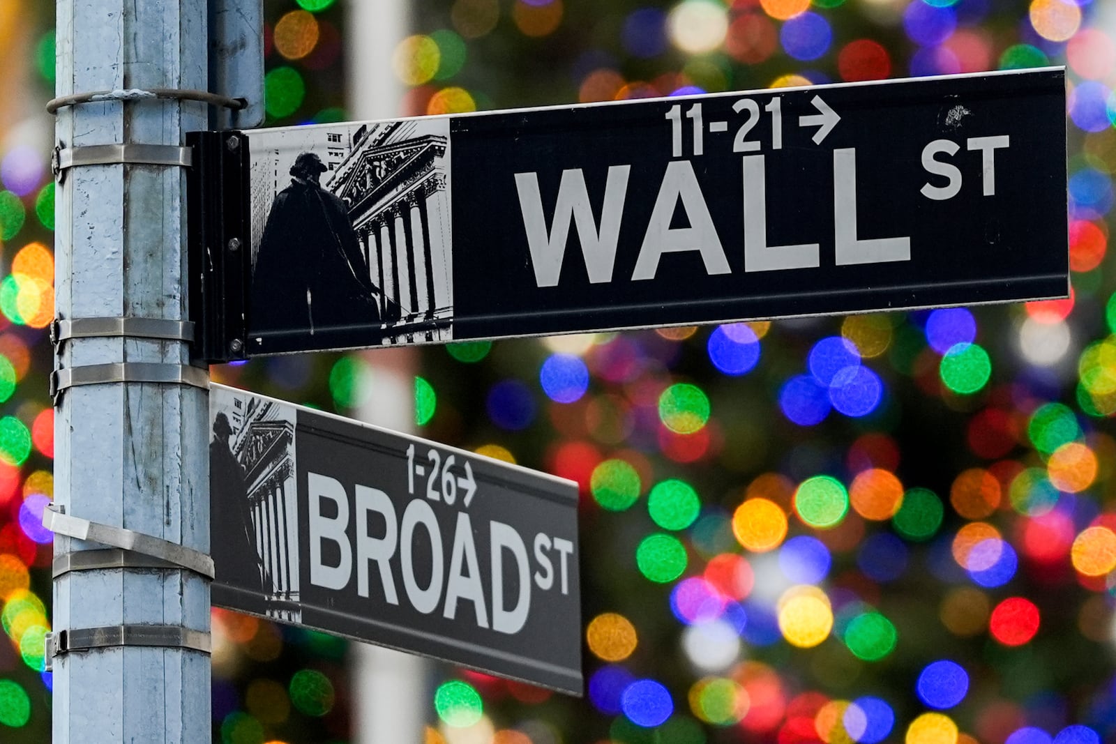 A sign outside the New York Stock Exchange marks the intersection of Wall and Broad Streets, Thursday, Dec. 12, 2024, in New York. (AP Photo/Julia Demaree Nikhinson)