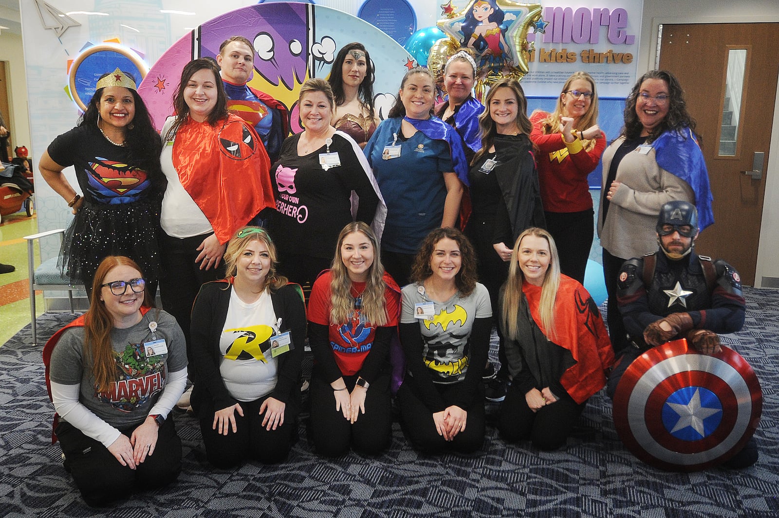 Lots of superheroes gathered Wednesday, Jan. 31, 2024, at the 11th annual Superhero Day at Dayton Children’s Hospital. The tradition honors a patient who loved superheroes. The event recognizes other superheroes, too — the patients, families, caregivers and staff at Dayton Children’s Hospital. MARSHALL GORBY\STAFF