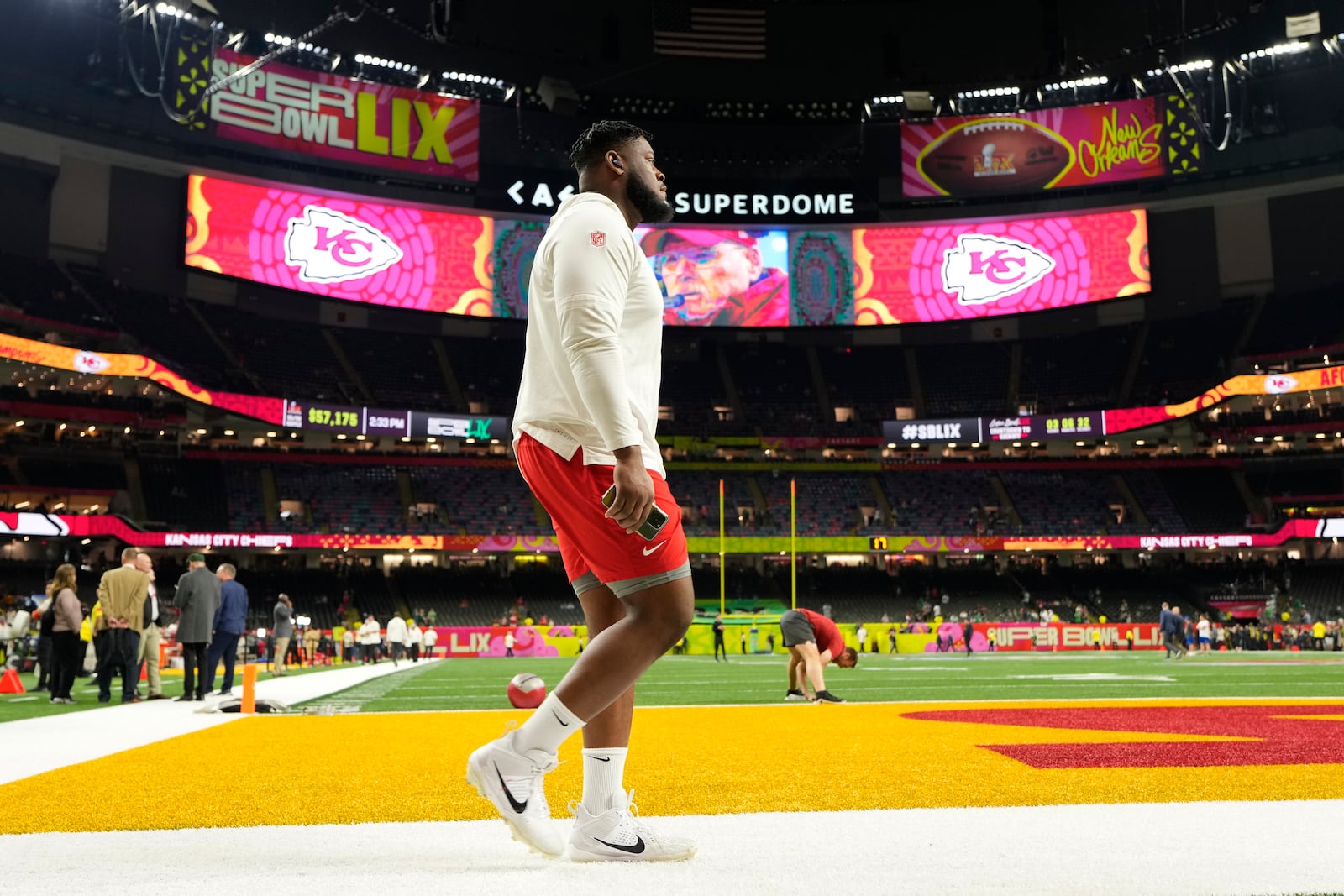 Kansas City Chiefs guard Trey Smith walks on the field prior to the NFL Super Bowl 59 football game against the Philadelphia Eagles, Sunday, Feb. 9, 2025, in New Orleans. (AP Photo/Brynn Anderson)