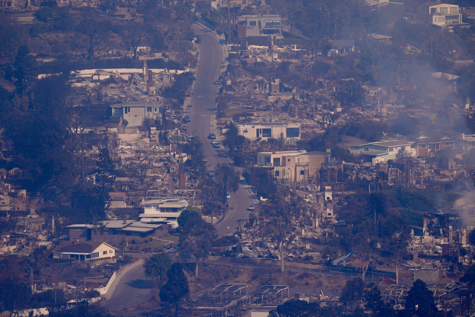 The devastation from the Palisades Fire is seen from the air in the Pacific Palisades neighborhood of Los Angeles, Thursday, Jan. 9, 2025. (AP Photo/Mark J. Terrill)