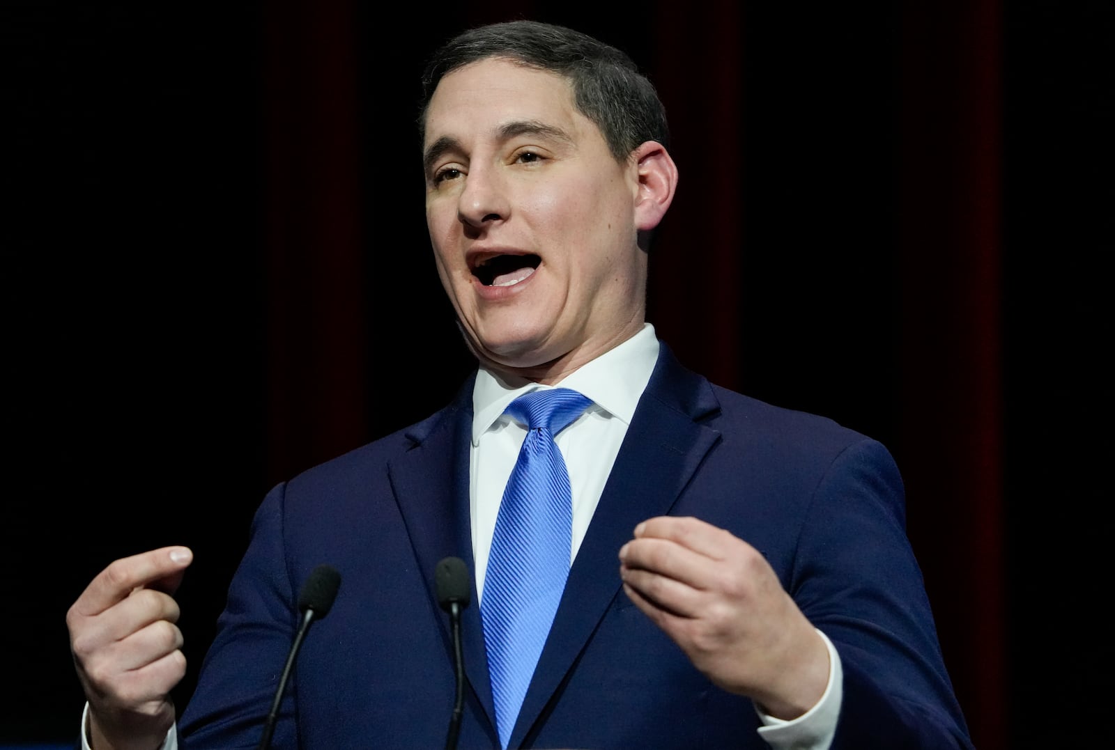 Mar 28, 2022; Wilberforce, Ohio, USA; U.S. Senate Republican candidate Josh Mandel delivers his closing remarks during Ohio’s U.S. Senate Republican Primary Debate at Central State University. Mandatory Credit: Joshua A. Bickel/Ohio Debate Commission