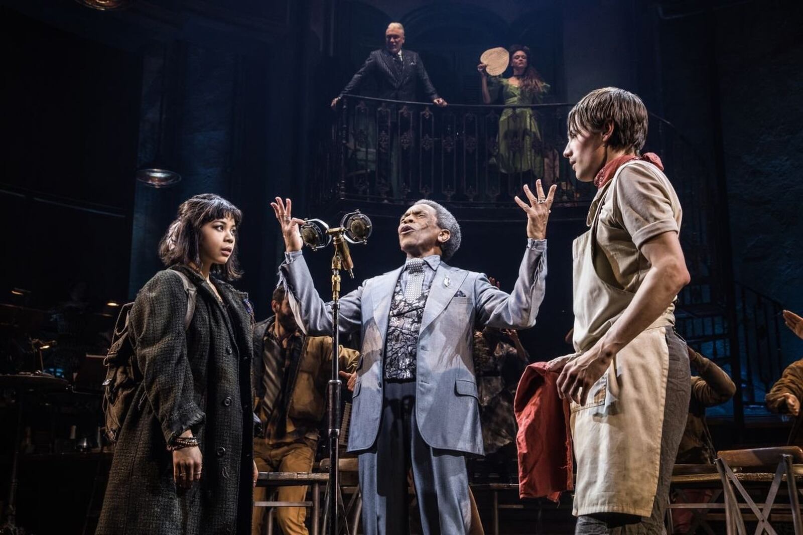 (left to right) Eva Noblezada (Eurydice), Andre De Shields (Hermes), Reeve Carney (Orpheus), and the cast of “Hadestown,” nominated for 14 Tony Awards including best musical. CONTRIBUTED