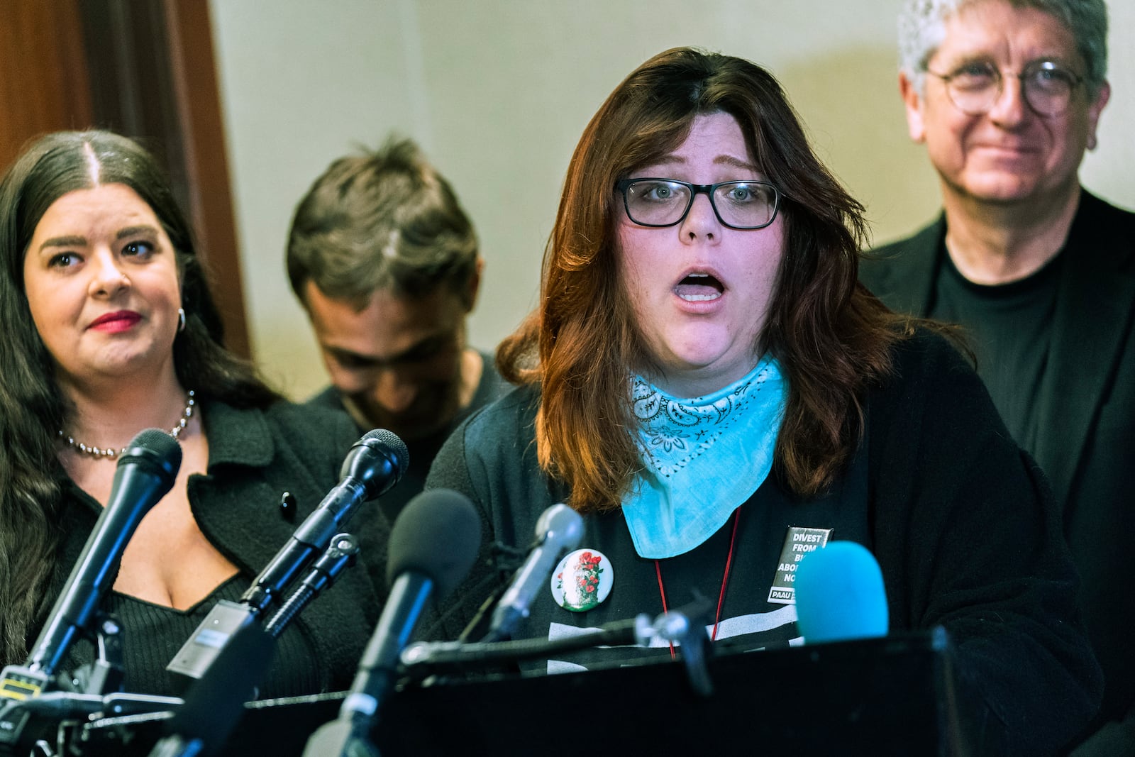 FILE - Anti-abortion activists Lauren Handy, front, with Terrisa Bukovinac, from left, Jonathan Darnell, and Randall Terry, speak during a news conference in Washington, April 5, 2022. (AP Photo/Manuel Balce Ceneta, File)