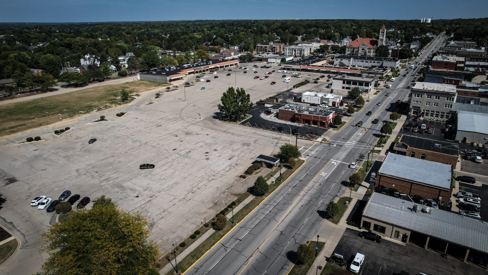 This is an aerial of Xenia Town Square on Thursday September 21, 2023. The photograph is looking east with the city in the background. JIM NOELKER/STAFF