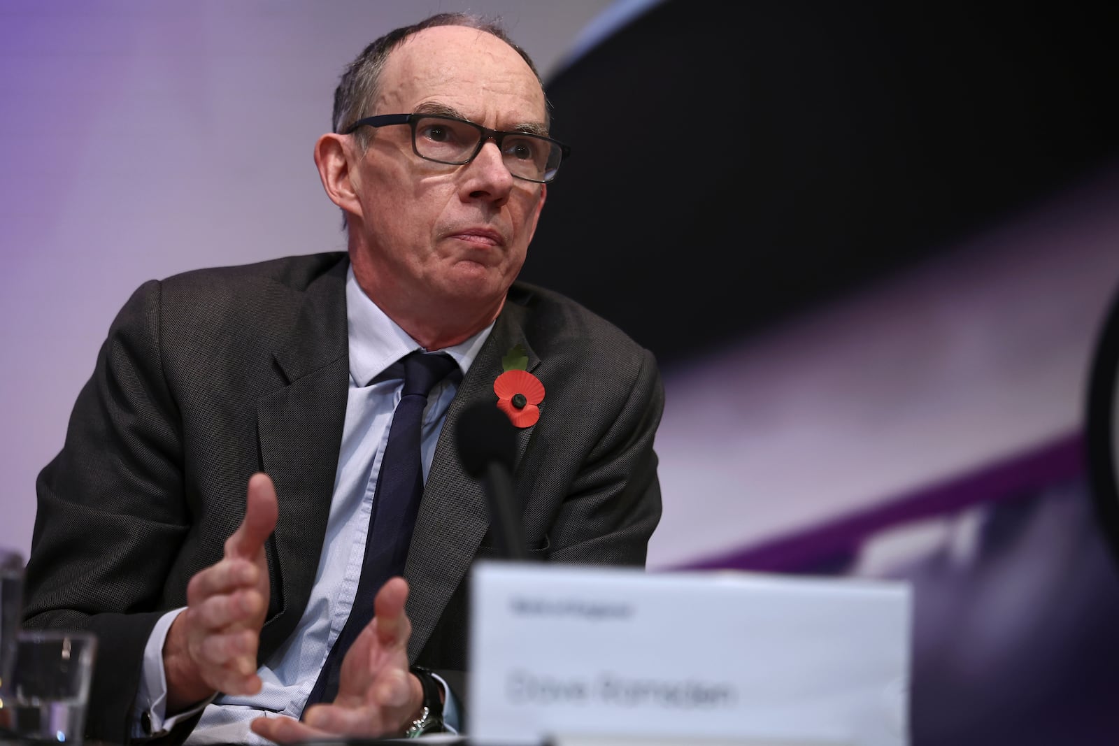 Bank of England Deputy Governor, Markets and Banking, Dave Ramsden gestures during the central bank's Monetary Policy Report press conference at the Bank of England, in London, Thursday, Nov. 7, 2024. (Henry Nicholls/Pool Photo via AP)