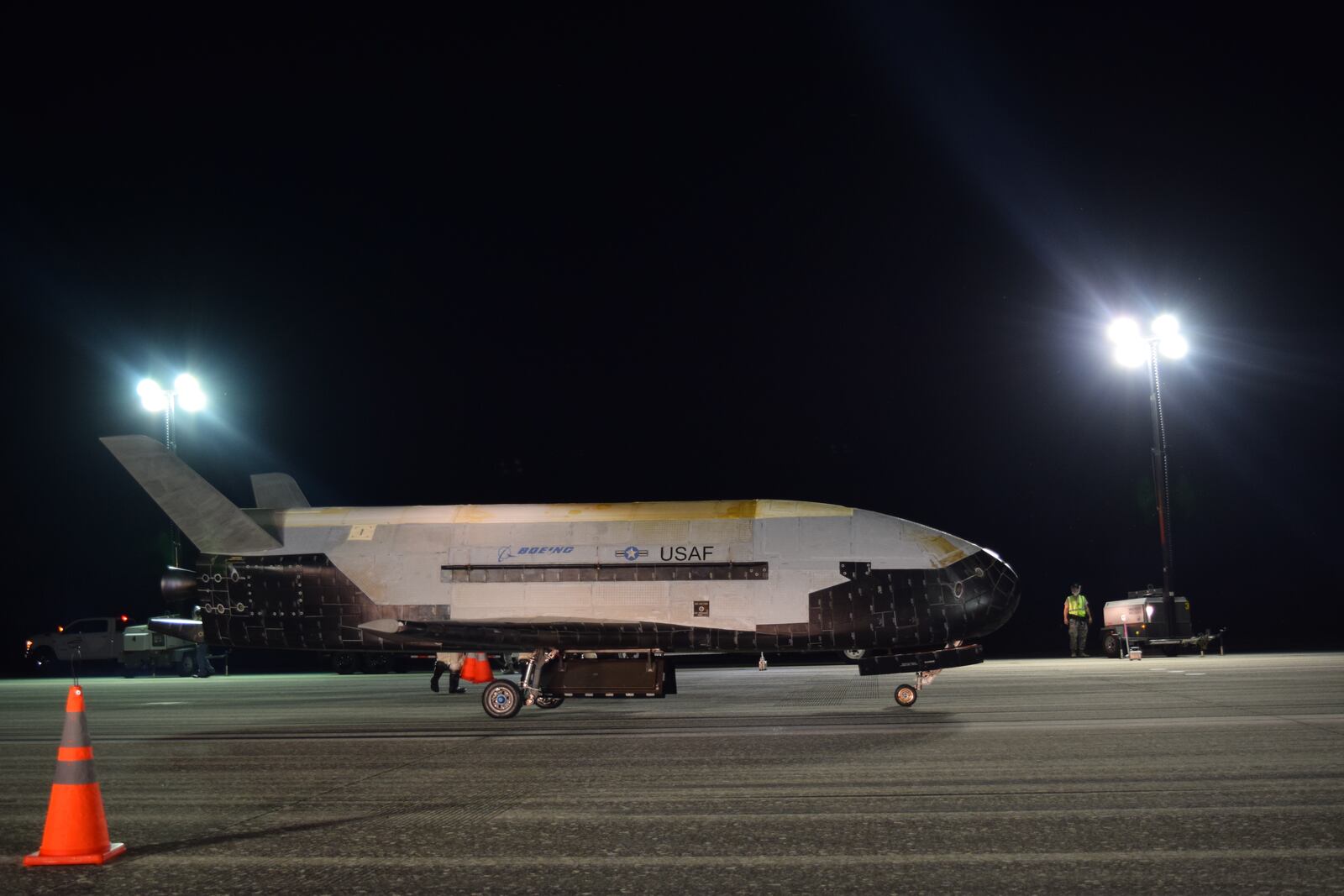 The Air Force’s X-37B Orbital Test Vehicle Mission 5 successfully landed at NASA’s Kennedy Space Center Shuttle Landing Facility in October 2019. The X-37B OTV is an experimental test program to demonstrate technologies for a reliable, reusable, unmanned space test platform for the U.S. Air Force. (Courtesy photo)