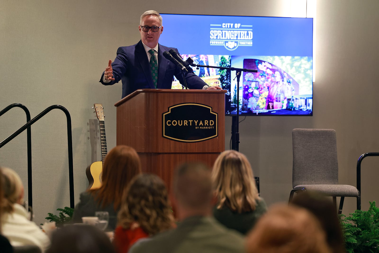 Springfield Mayor Rob Rue gives a state of the city address during the second annual Mayor's Breakfast at the Courtyard Marriott hotel Thursday, Nov. 21, 2024. BILL LACKEY/STAFF